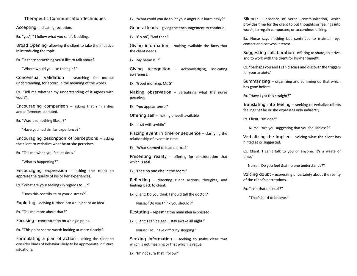 Therapeutic Communication Techniques Therapeutic Communication