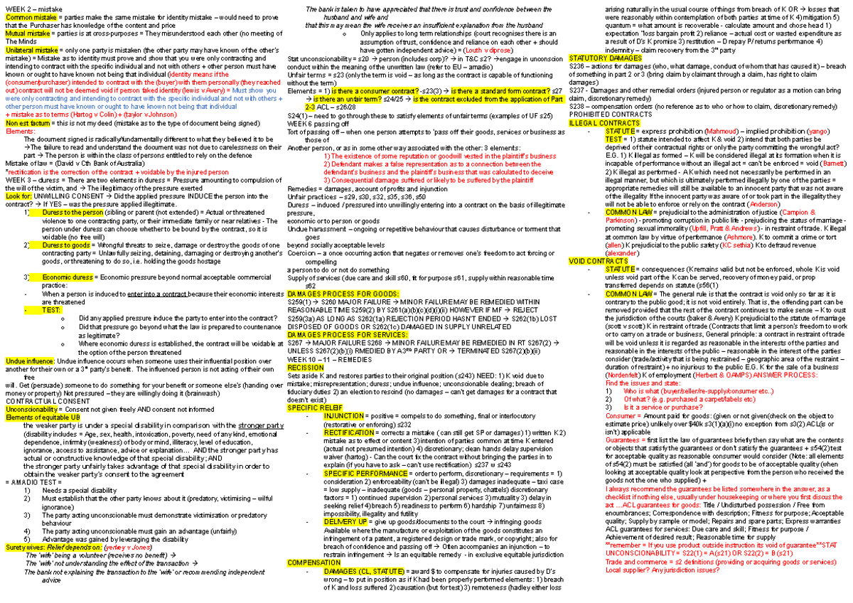 Exam Final Notes - Summary Contract Law B - WEEK 2 – Mistake Common ...