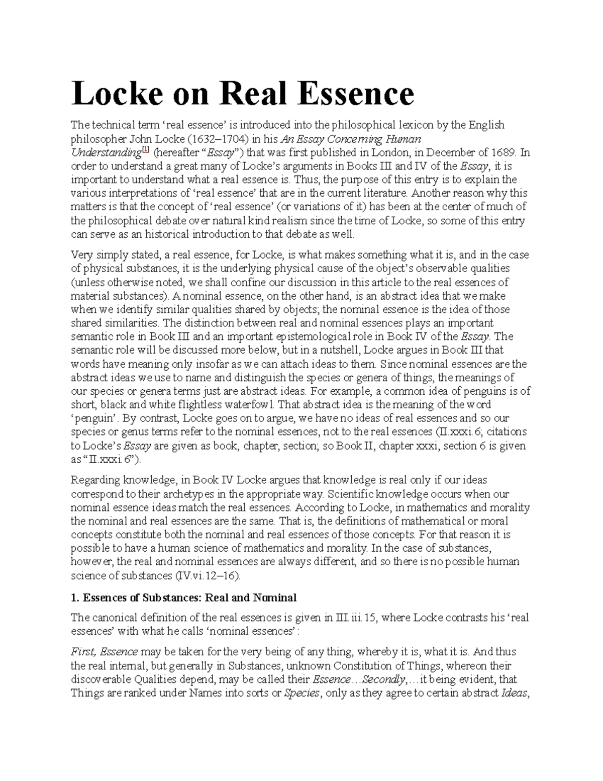 Lecture 5 – Locke on Real Essence - Locke on Real Essence The technical ...