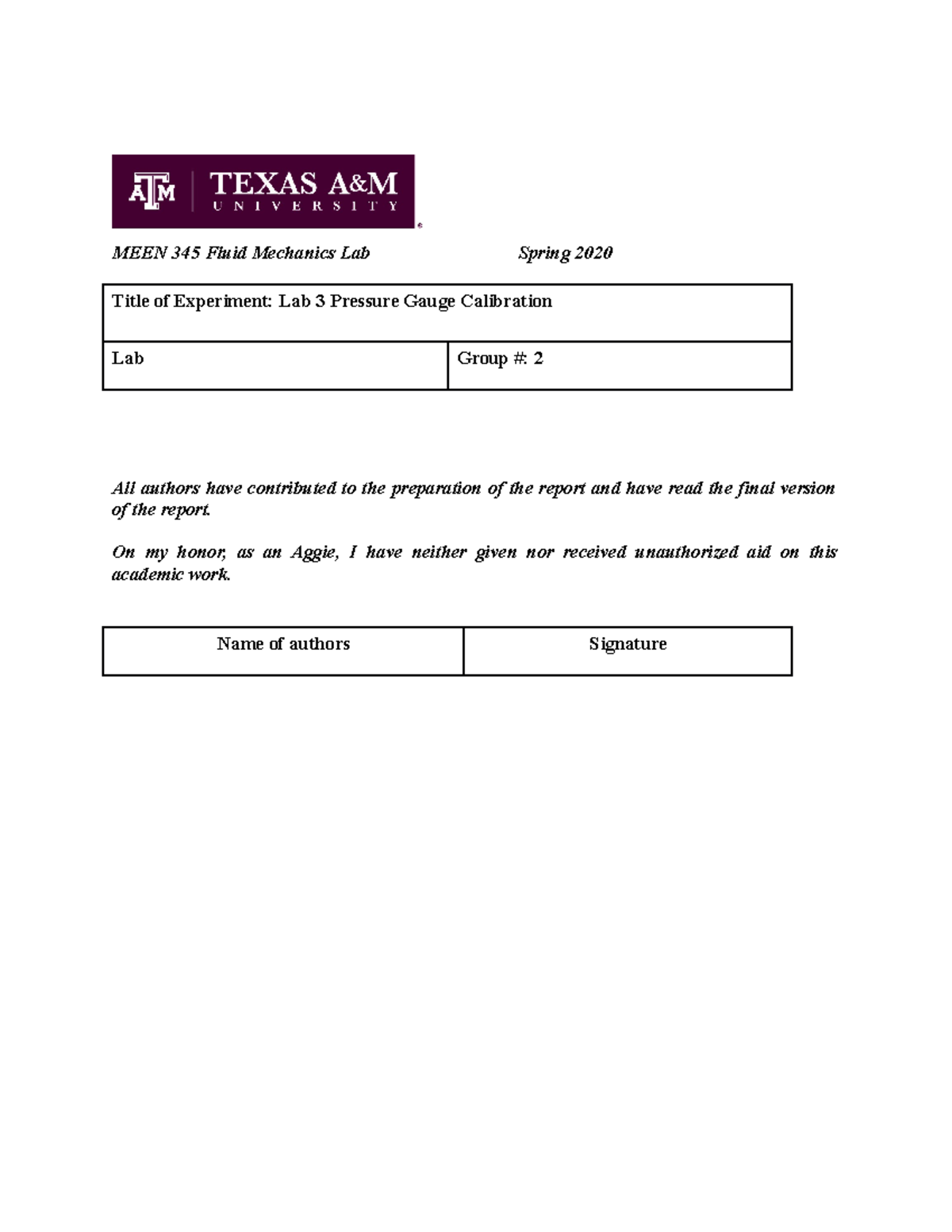 Lab 3 report meen 345 fluid mechanics lab spring 2020 title of