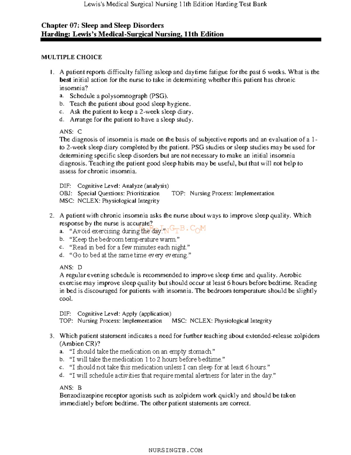 07 Lewis Test Bank - NURSINGTB Chapter 07: Sleep And Sleep Disorders ...