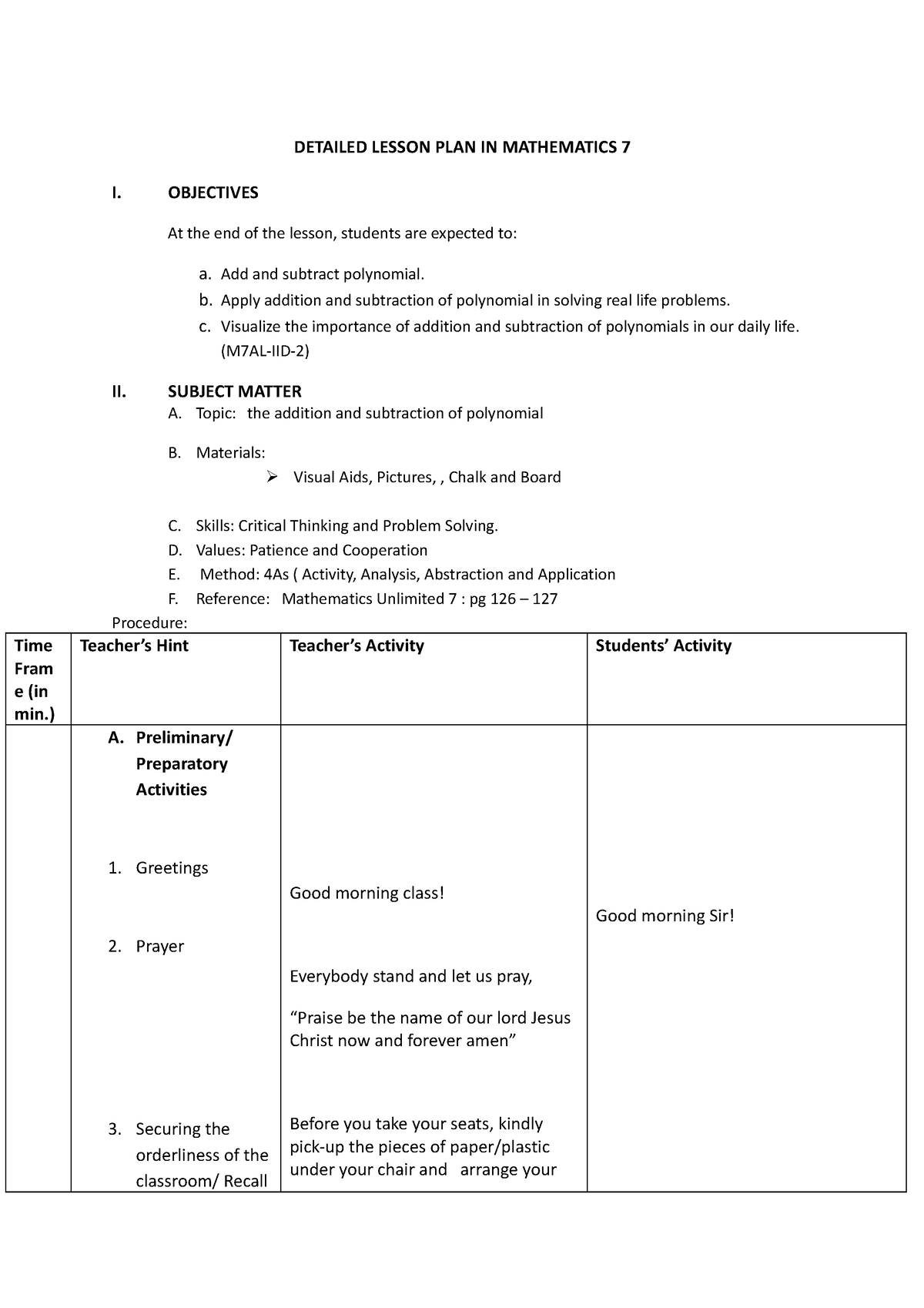 Detailed lesson plan the addition and subtraction of polynomial ...