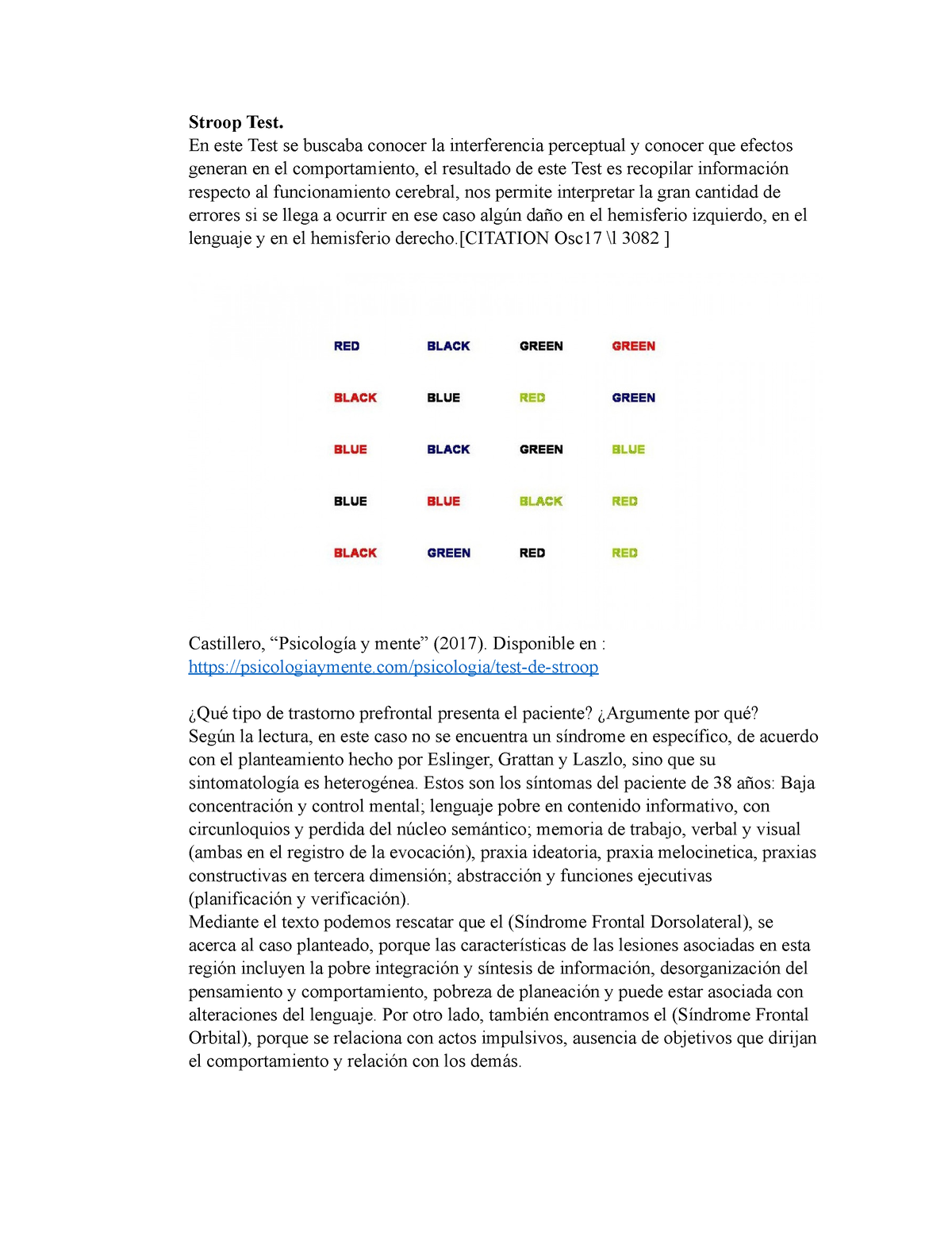 Stroop Test Test De Stropp Stroop Test En Este Test Se Buscaba Conocer La Interferencia 7482