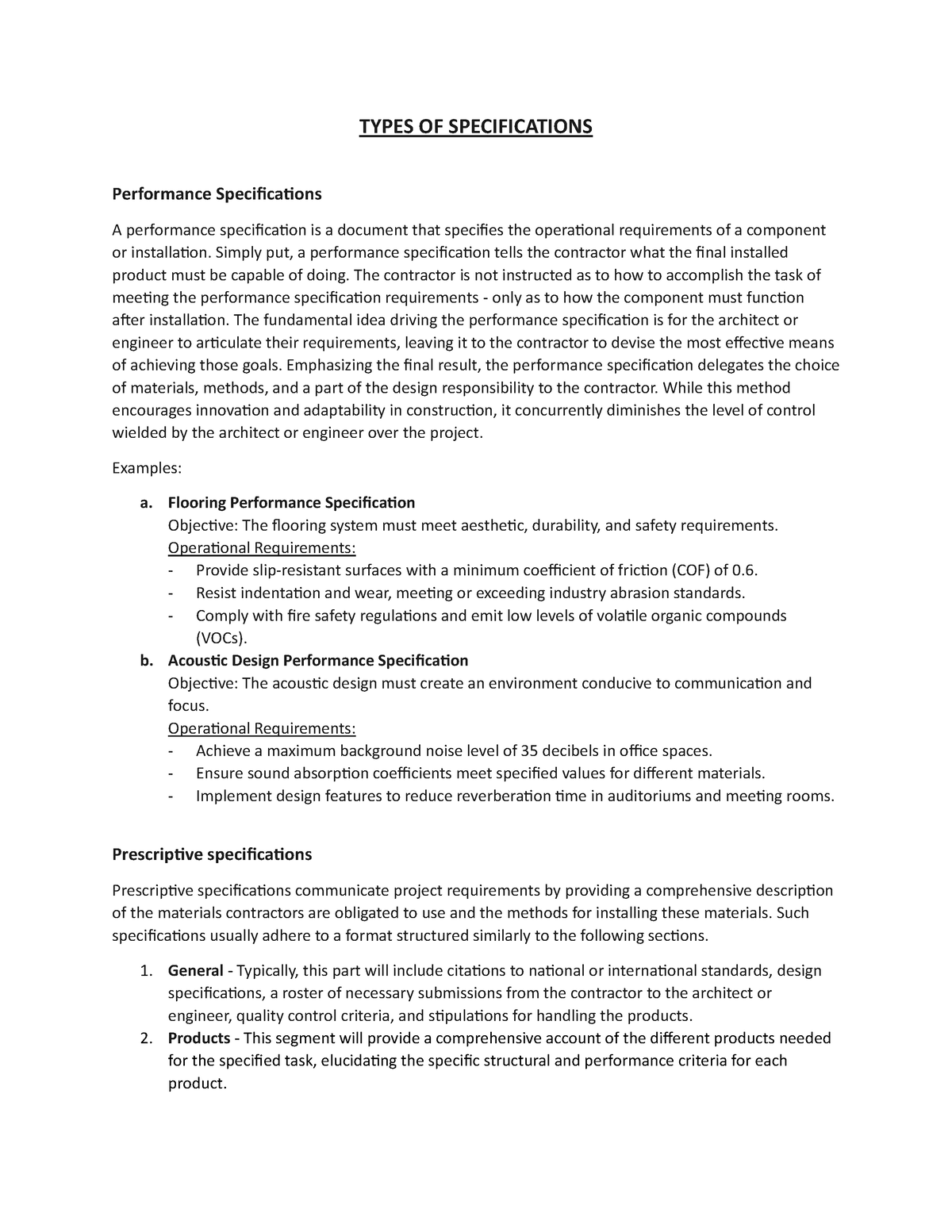 BT4 Types of Specifications - TYPES OF SPECIFICATIONS Performance ...