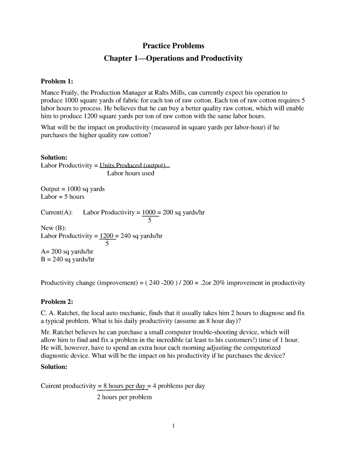 Activity A2. Productivity Math Problems - 1 Practice Problems Chapter 1 ...