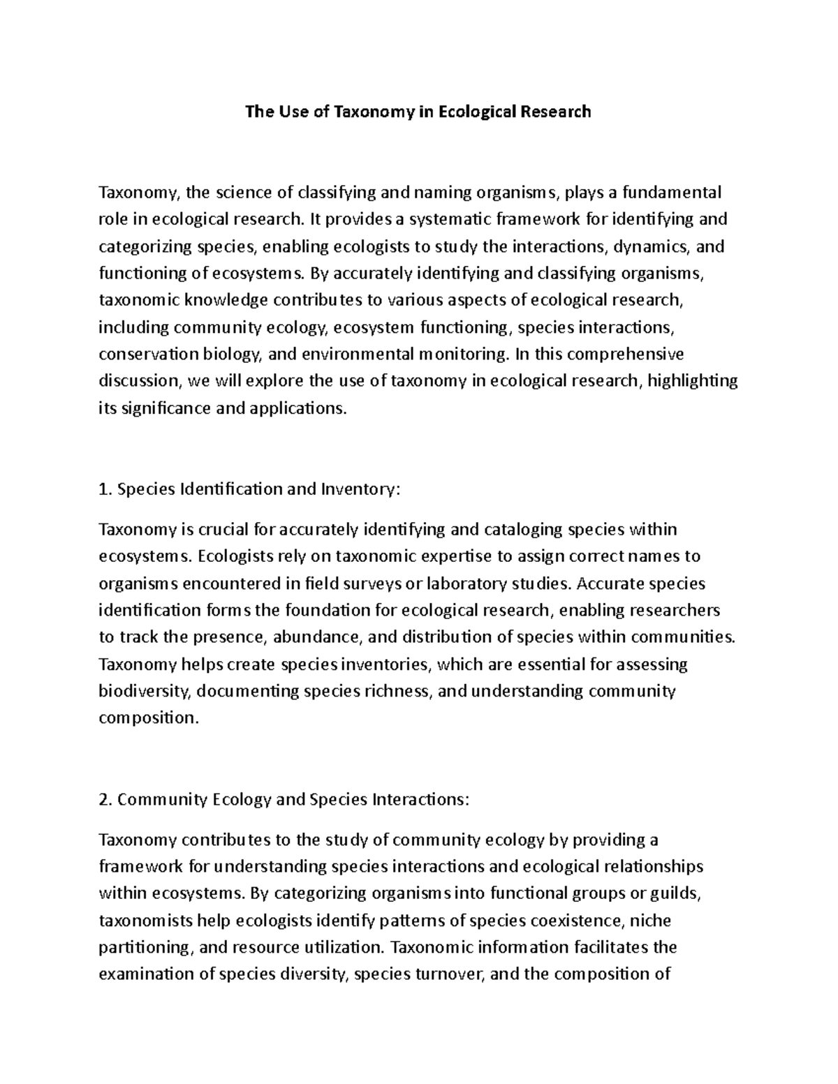 The Use of Taxonomy in Ecological Research - The Use of Taxonomy in ...