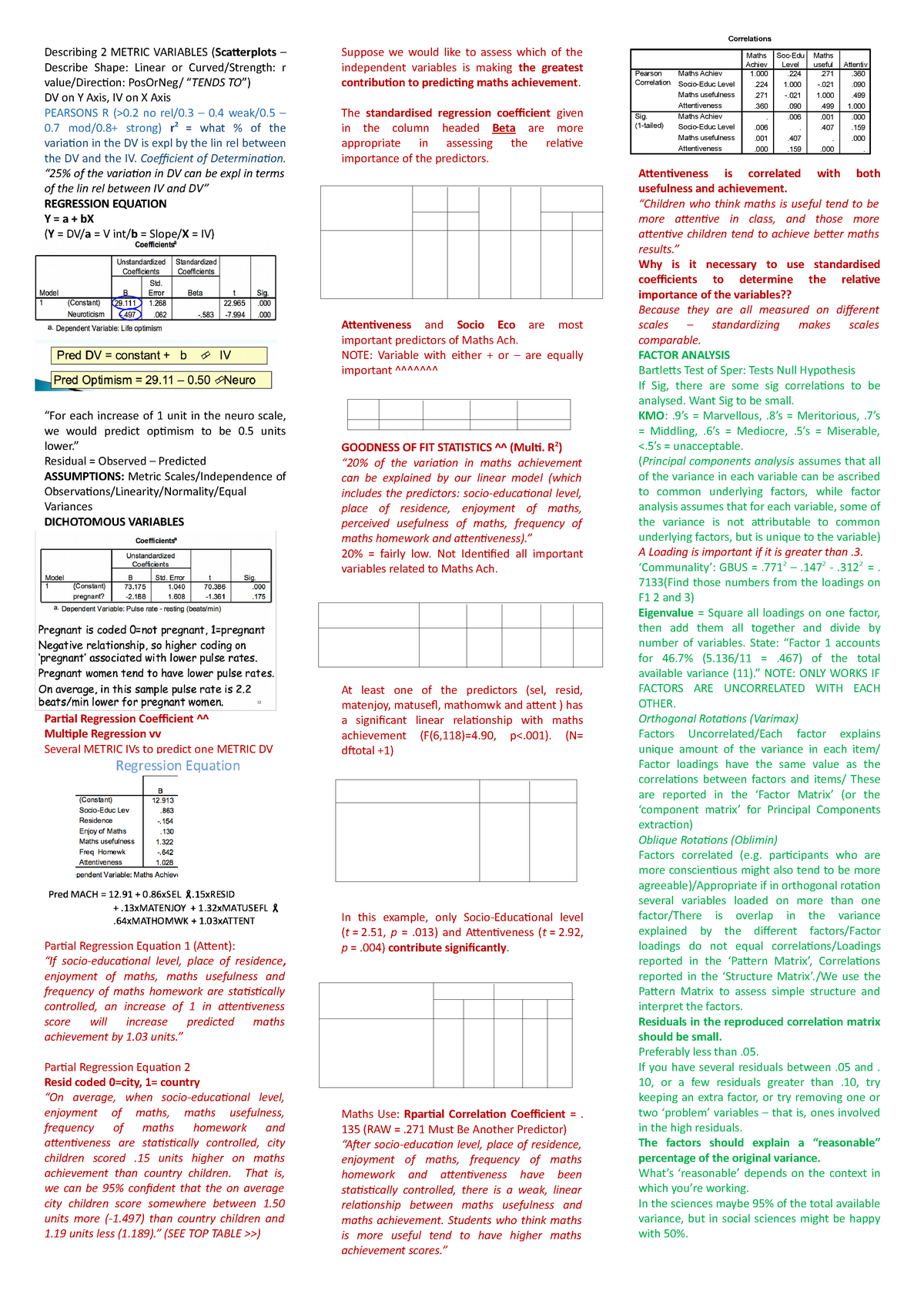 Final Exam Cheat Sheet Correlations Describing 2 METRIC VARIABLES
