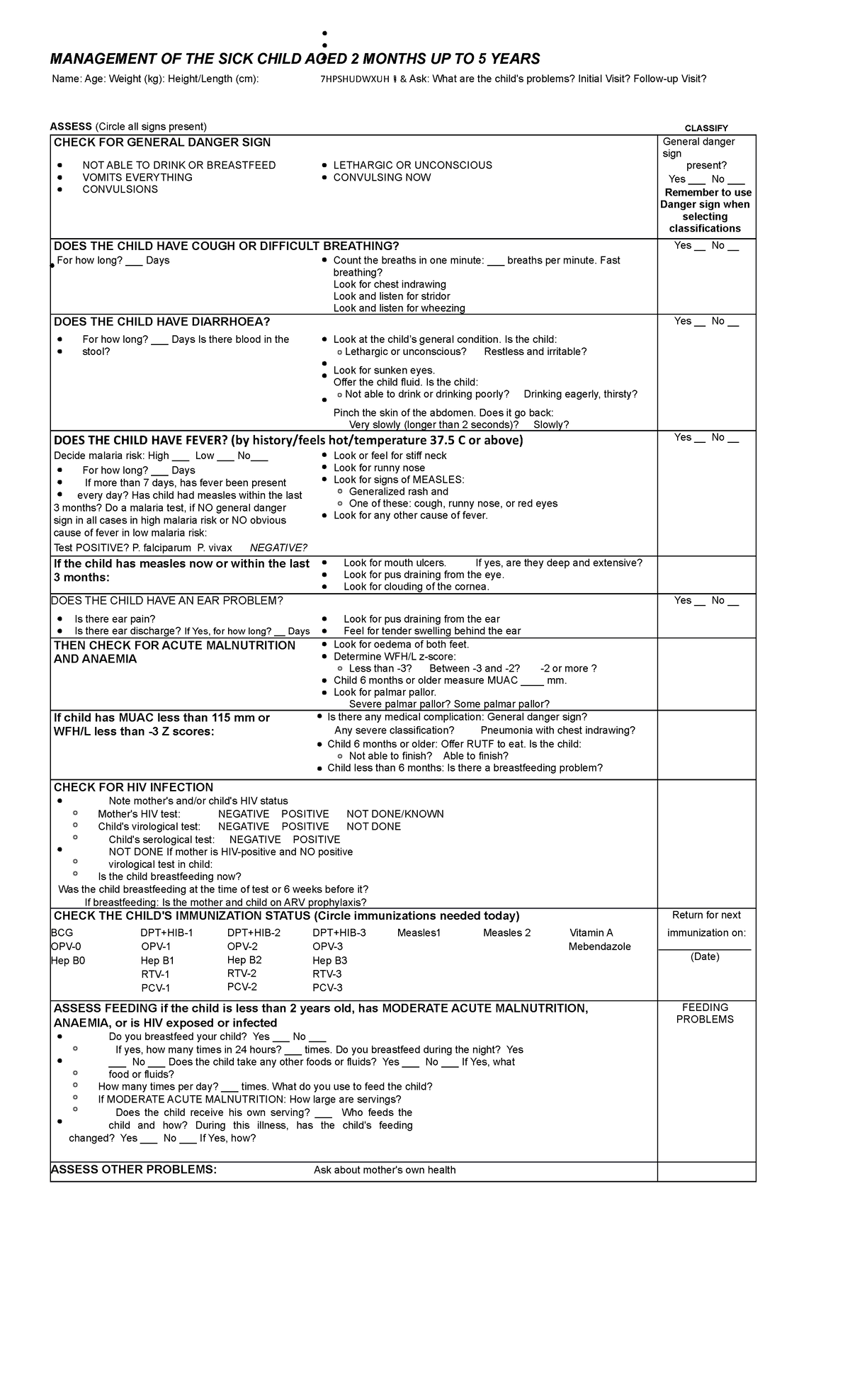 IMCI Chart Forms (CHN) - MANAGEMENT OF THE SICK CHILD AGED 2 MONTHS UP ...