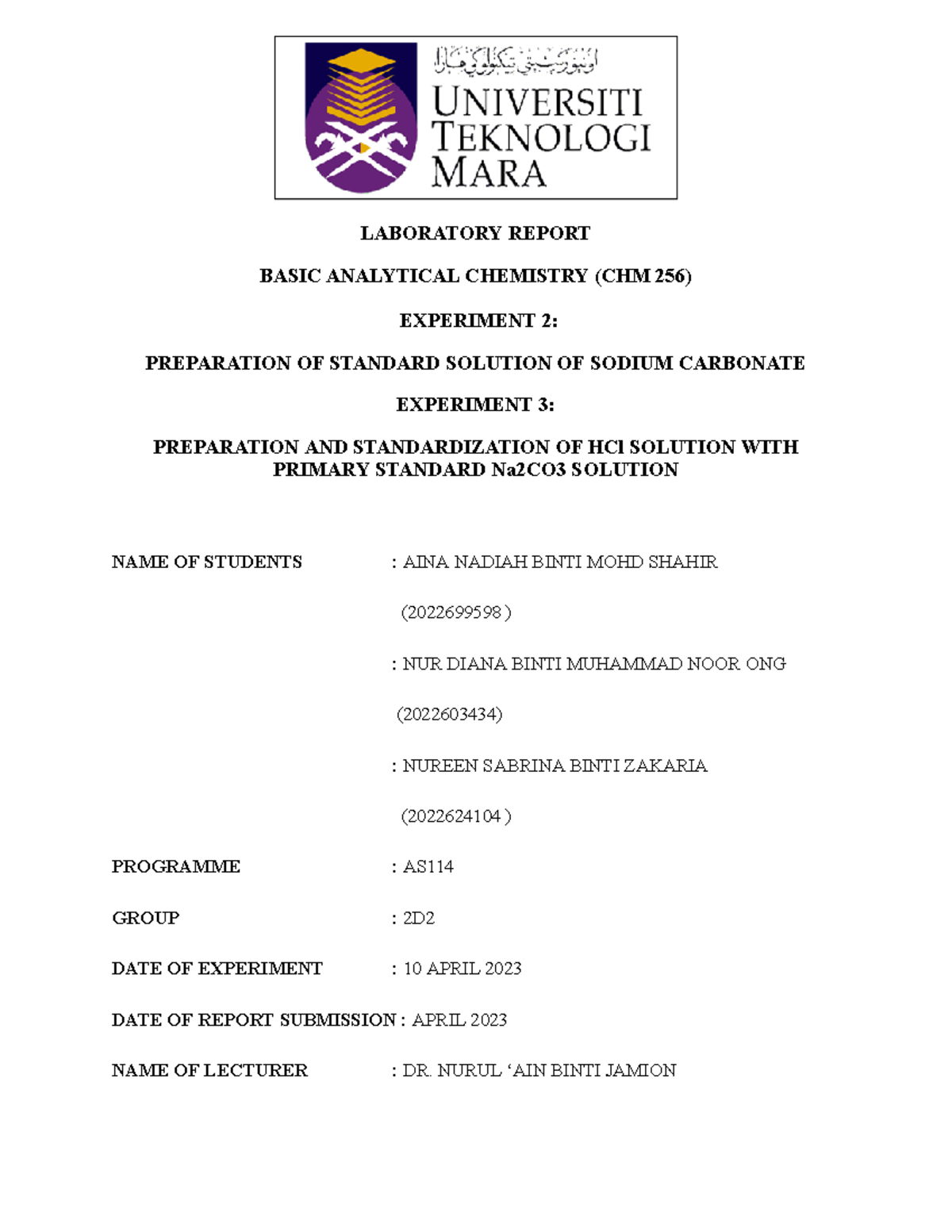 LAB Report 2 & 3 CHM256 - LABORATORY REPORT BASIC ANALYTICAL CHEMISTRY ...