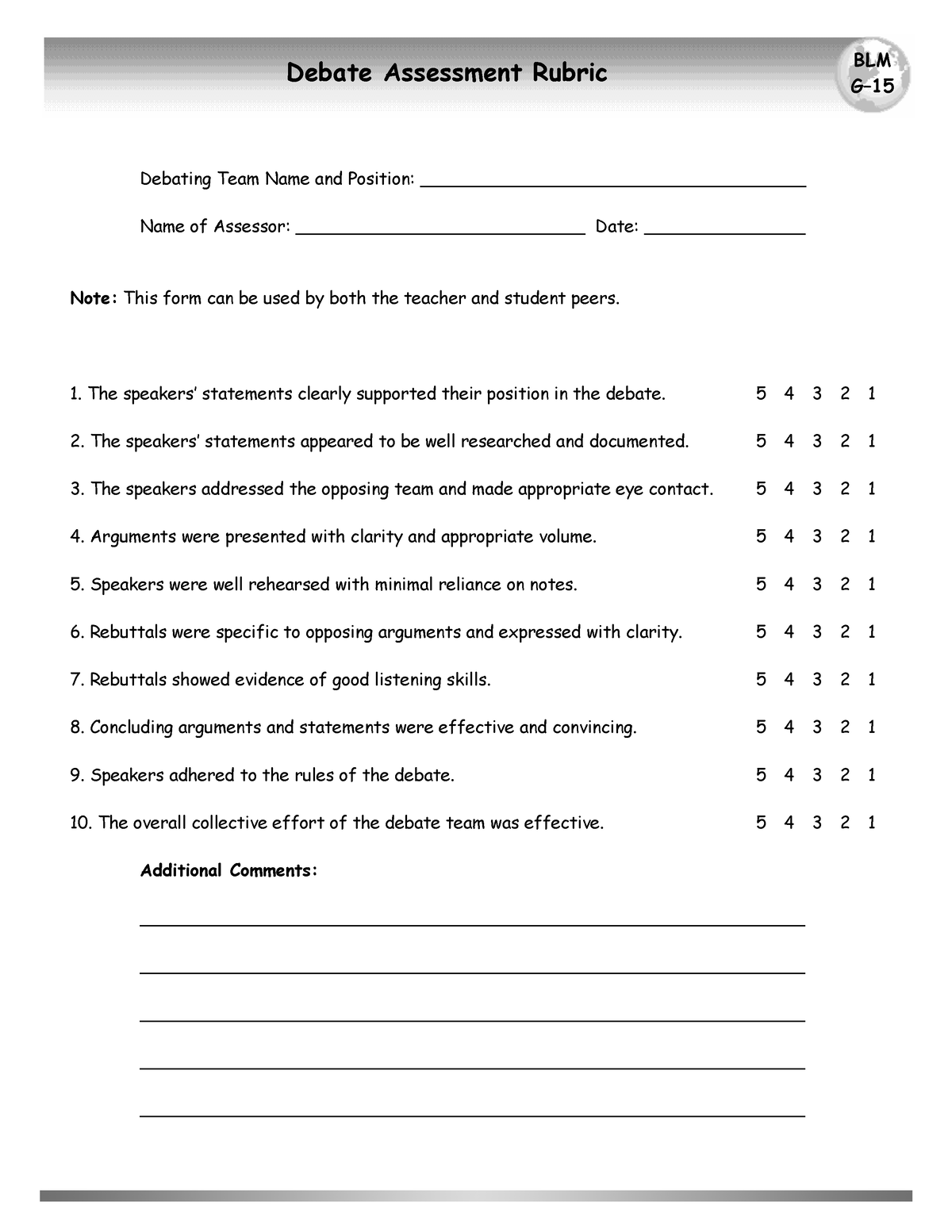 Debate - Antiti Debate Assessment Rubric BLM Gñ Debating Team Name and ...