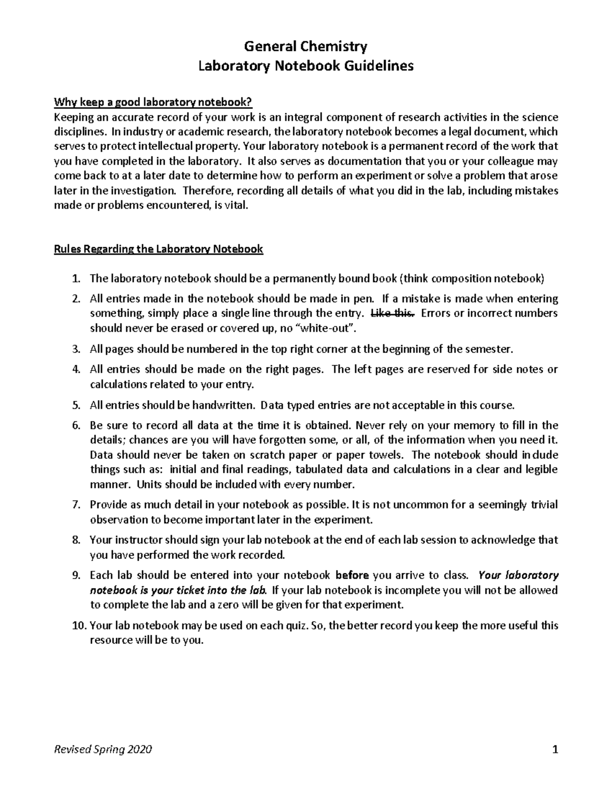 CHEM 1211L Lab Notebook Guidelines Professor Ann Denton Revised Spring 2020 1 General