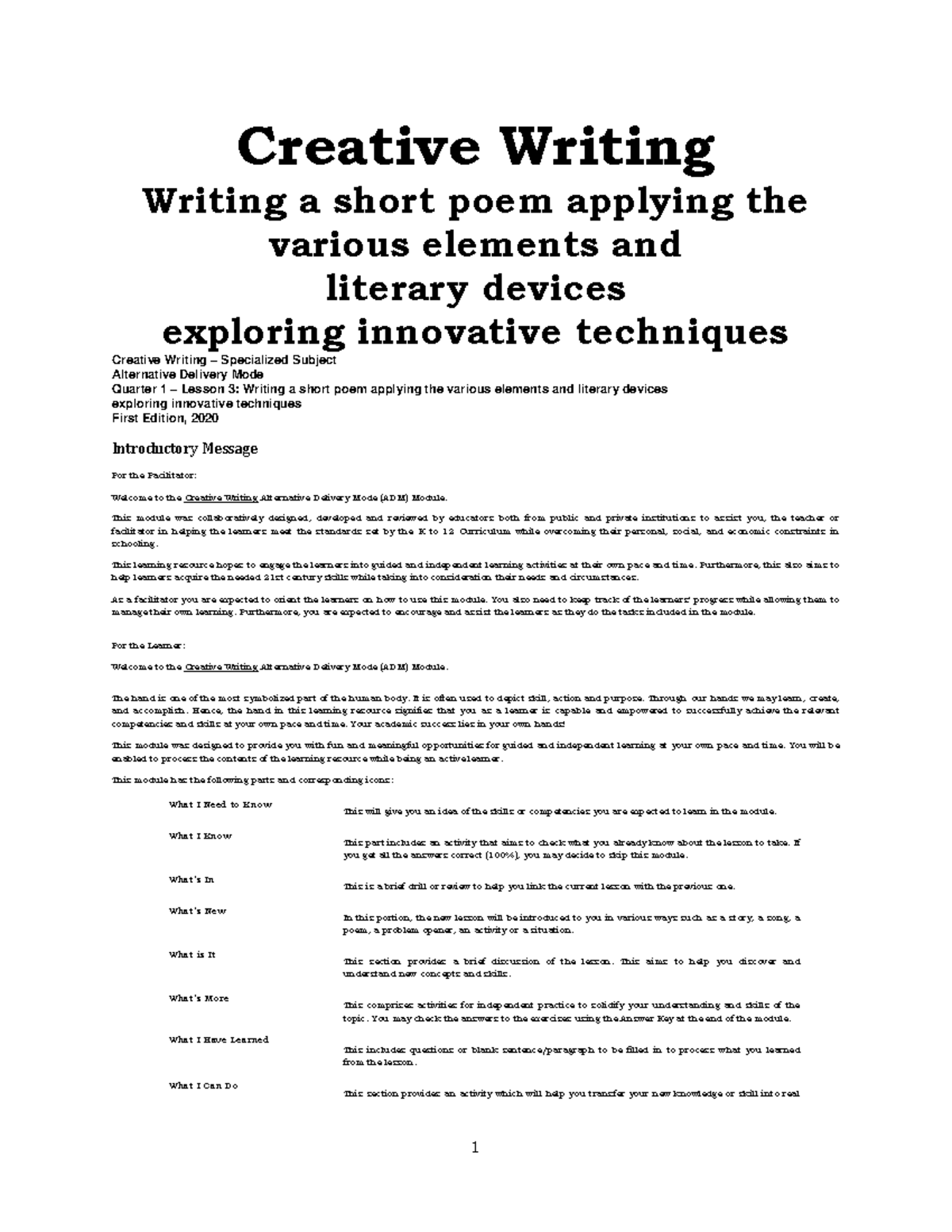 Creative Writing Q1 Weeks 3 4 Creative Writing Writing A Short Poem