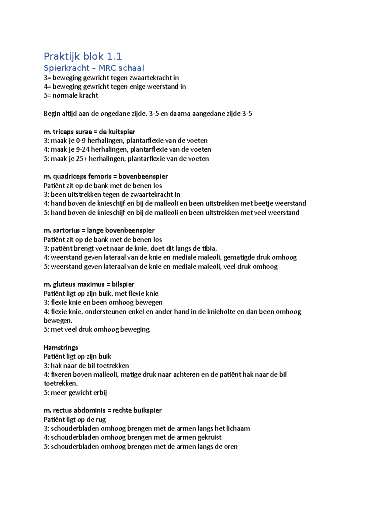 MRC + spierlengte test + AROM + PROM - Praktijk blok 1. Spierkracht ...
