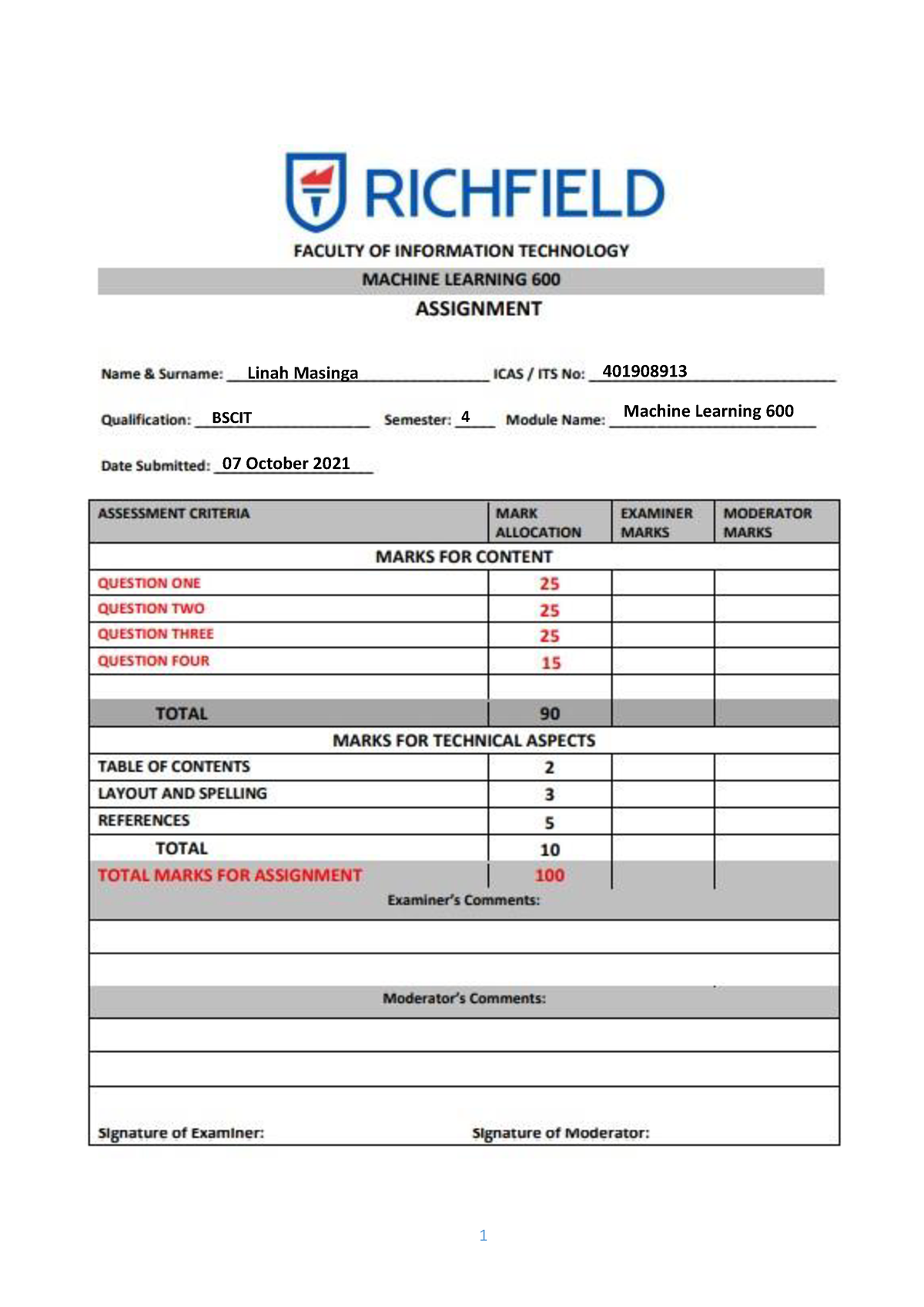 machine learning 600 assignment