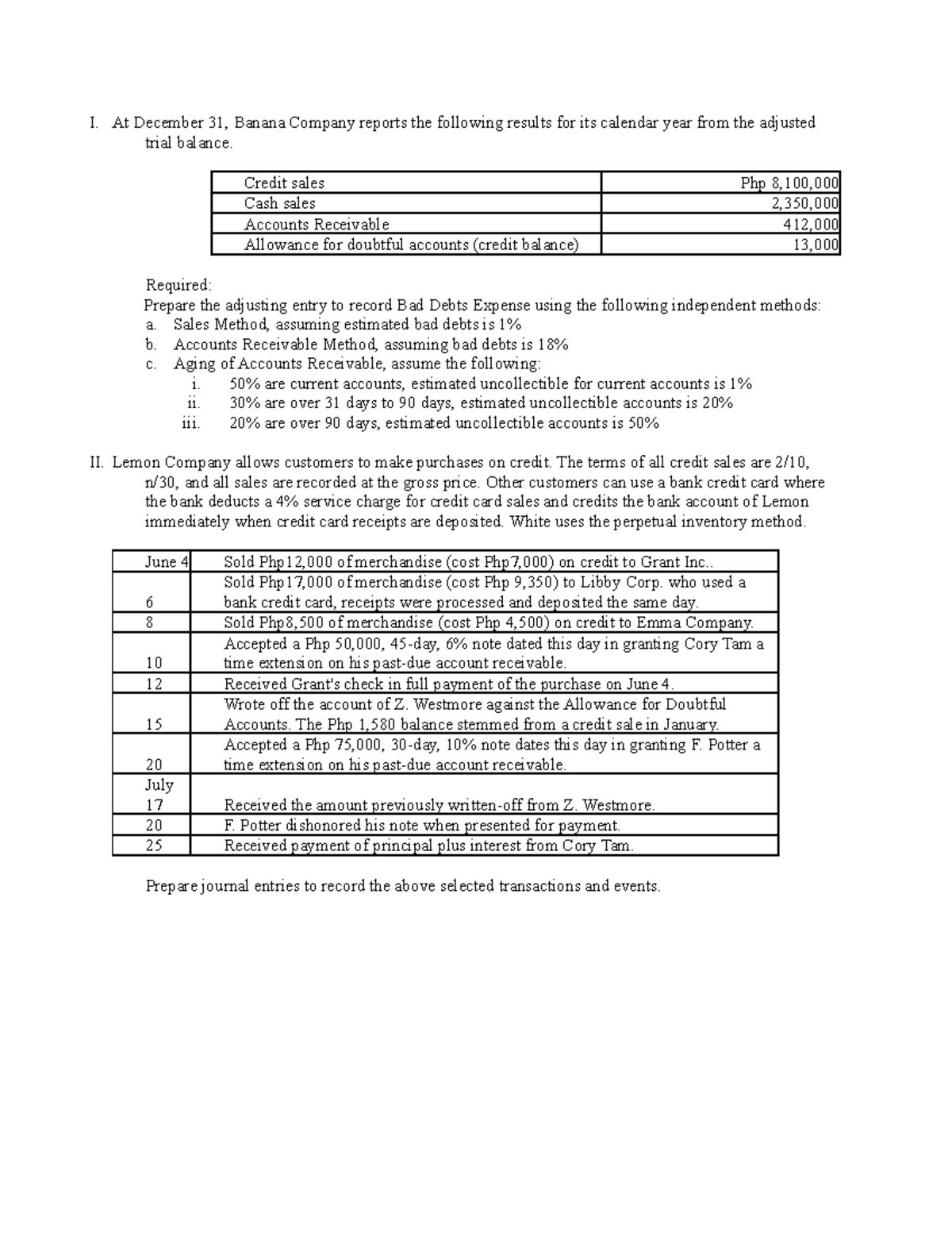 assignment of accounts receivable example problem