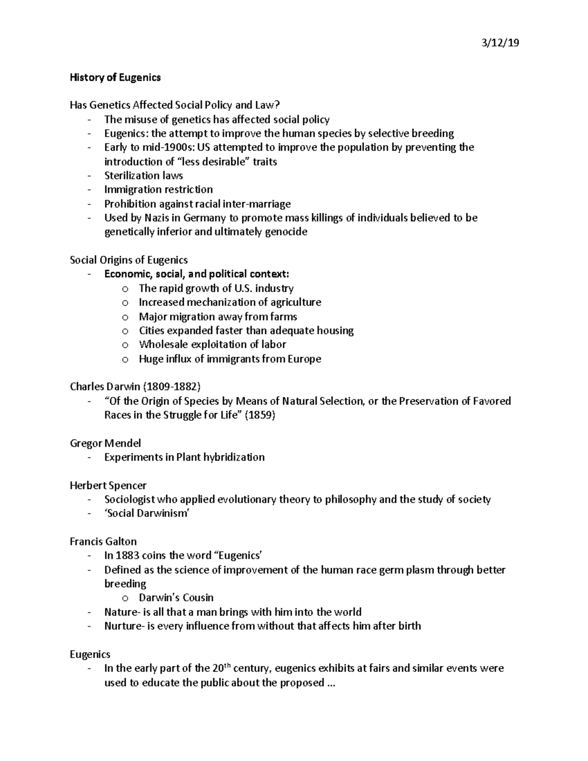 BIO302 History of Eugenics - 3/12/19 History of Eugenics Has Genetics ...