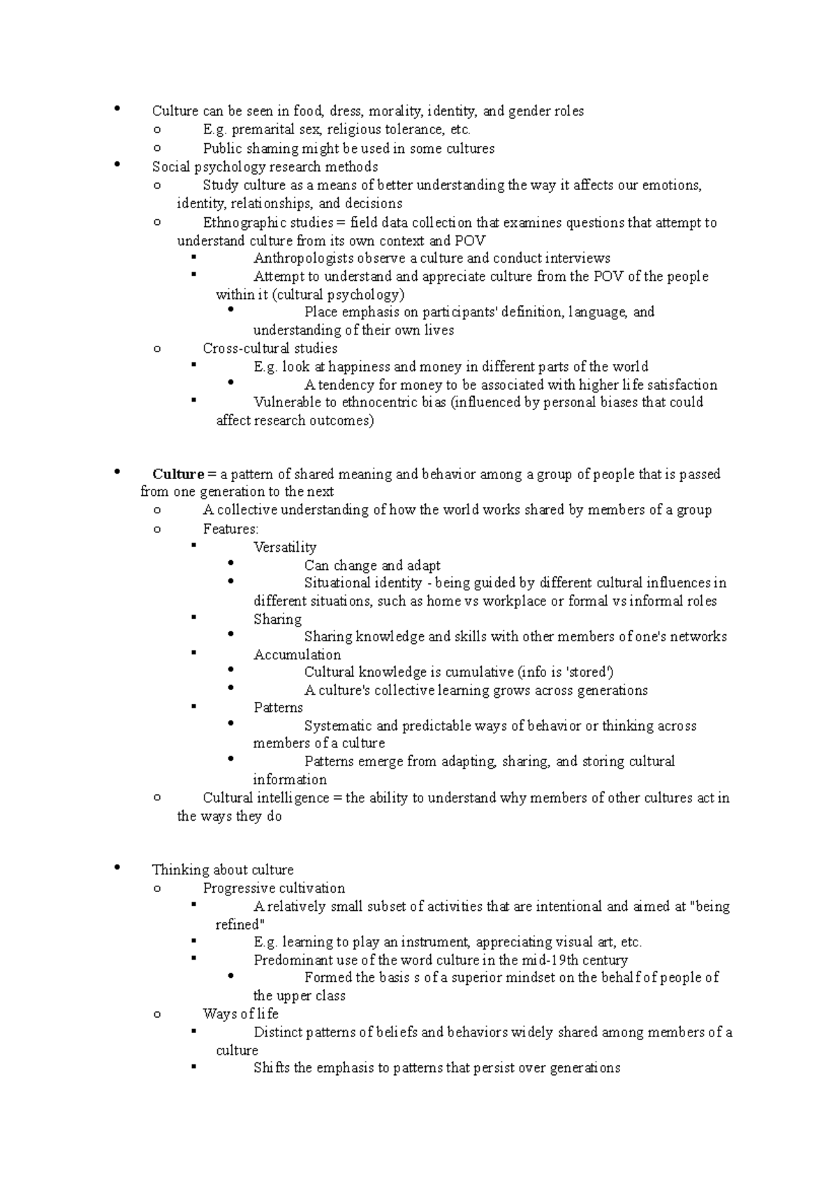 Psyc Notes Culture - Culture Can Be Seen In Food, Dress, Morality 