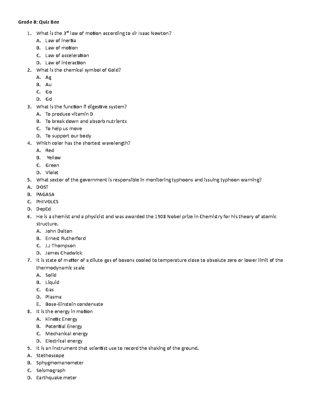 Grade 8 Quiz Bee - Sample Quiz - Grade 8: Quiz Bee What Is The 3rd Law ...