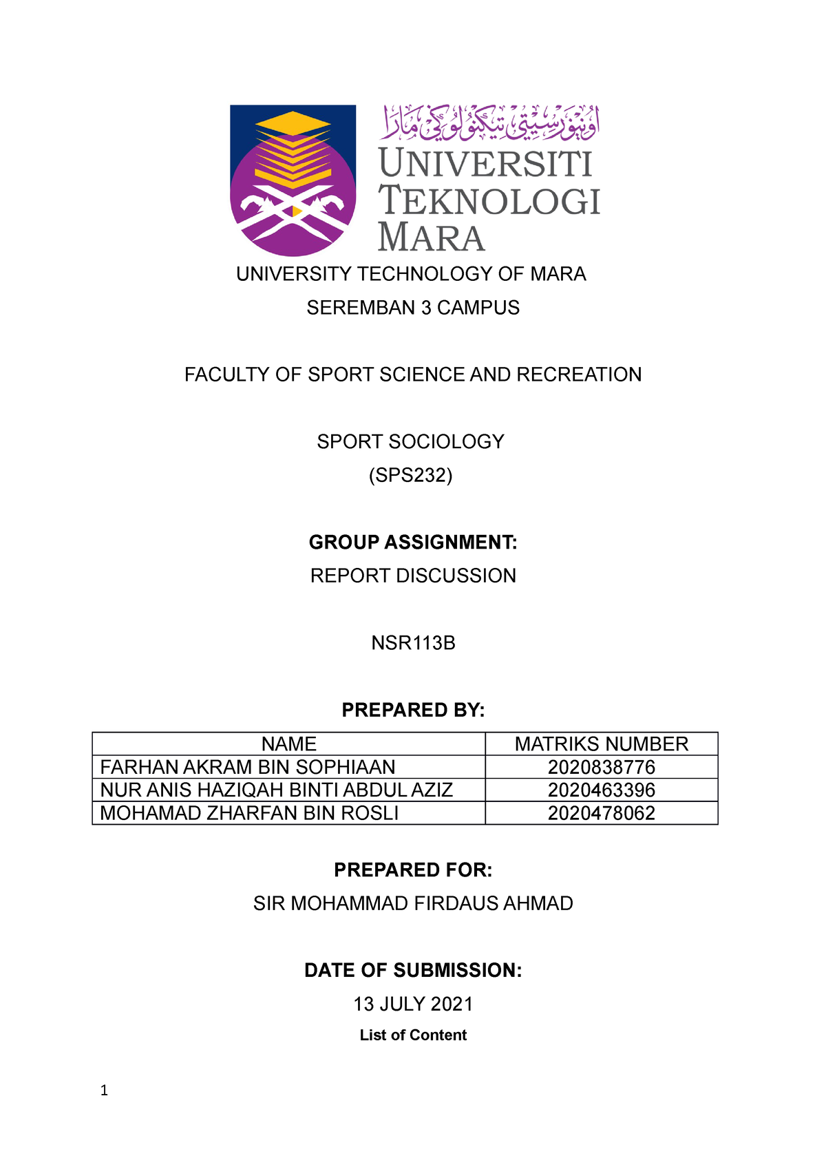SPS 232 Group Assignment - UNIVERSITY TECHNOLOGY OF MARA SEREMBAN 3 CAMPUS FACULTY OF SPORT SCIENCE pic
