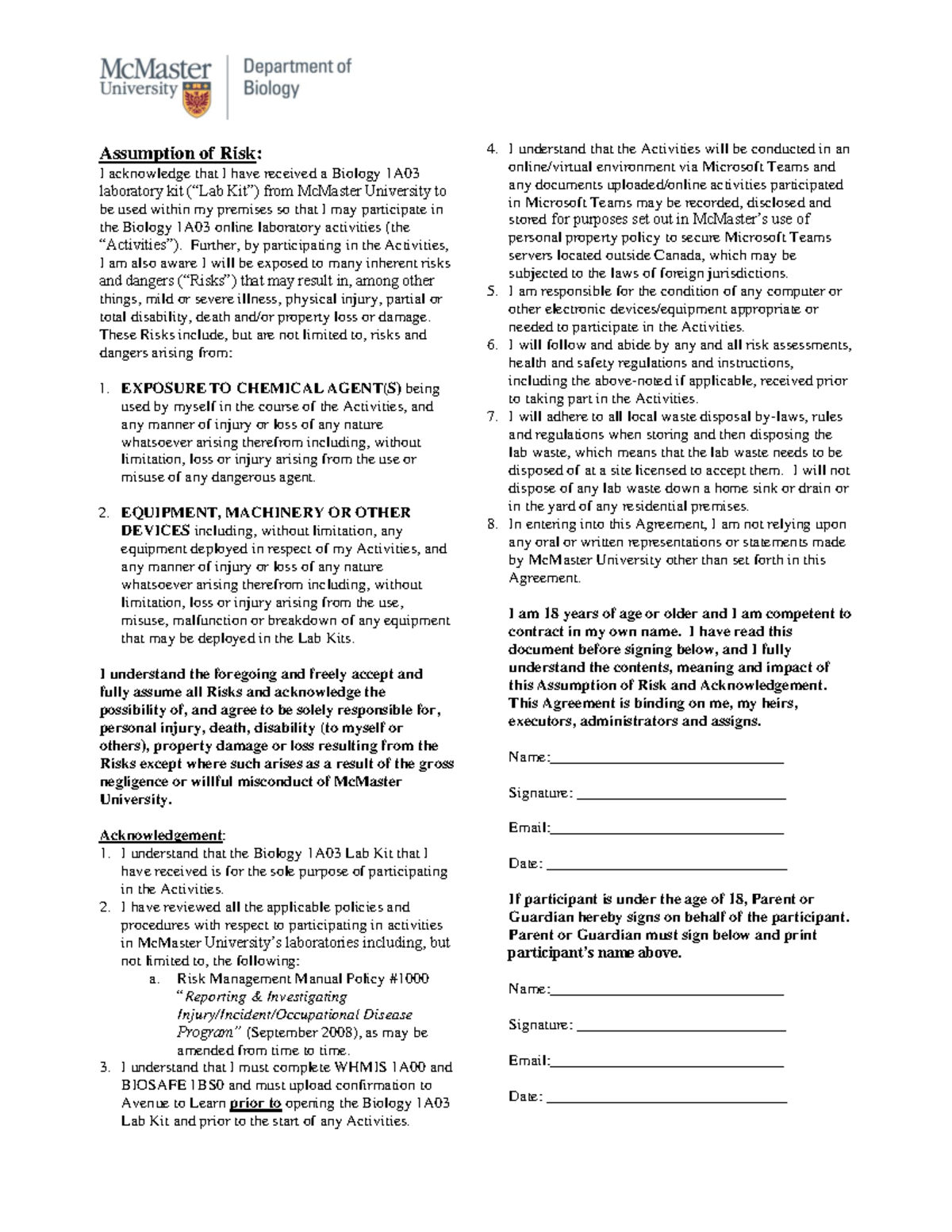 Assumption of Risk Formsign and return Assumption of Risk I