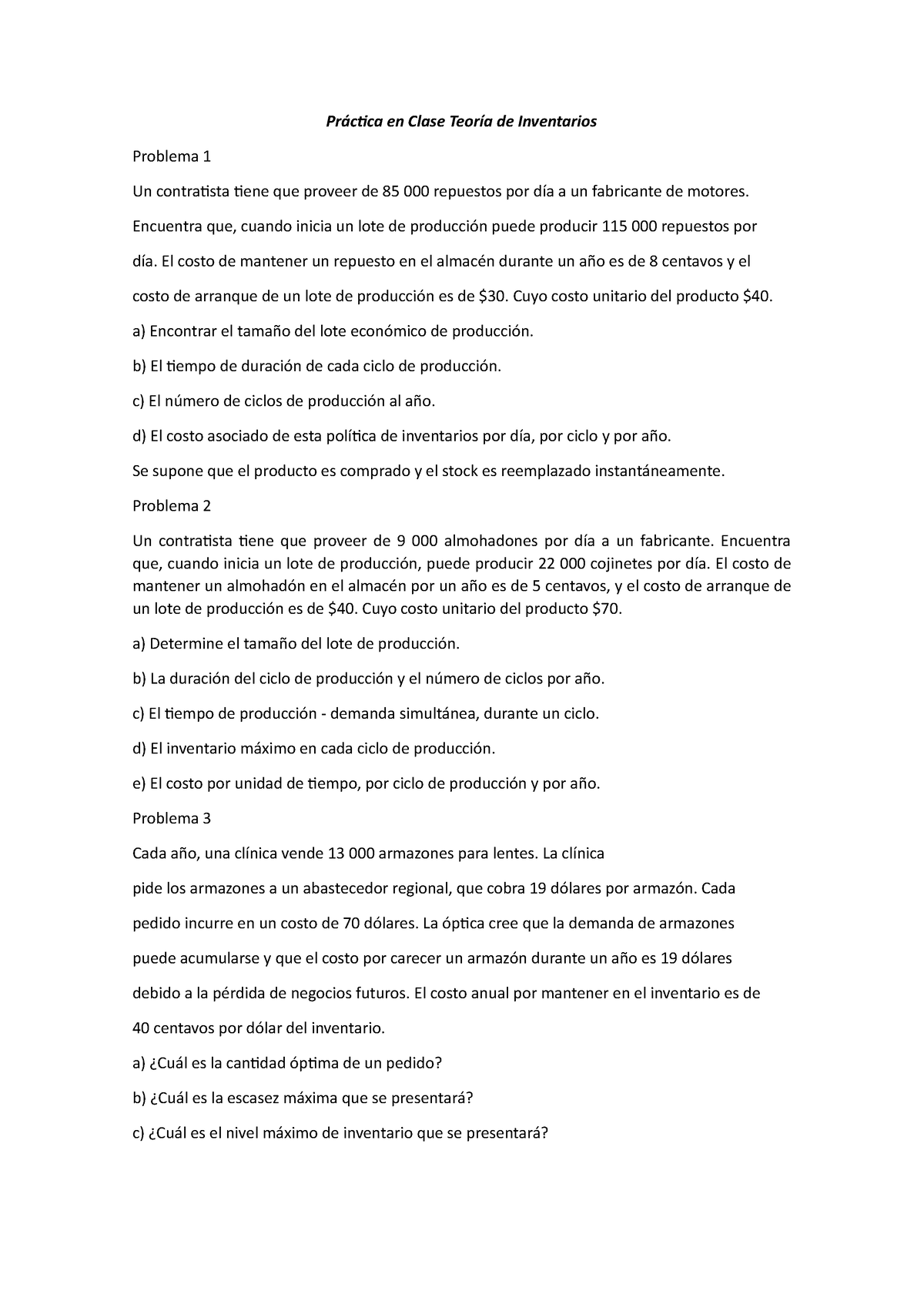 Practica En Clase Teoria De Inventarios Práctica En Clase Teoría De Inventarios Problema 1 Un 9028