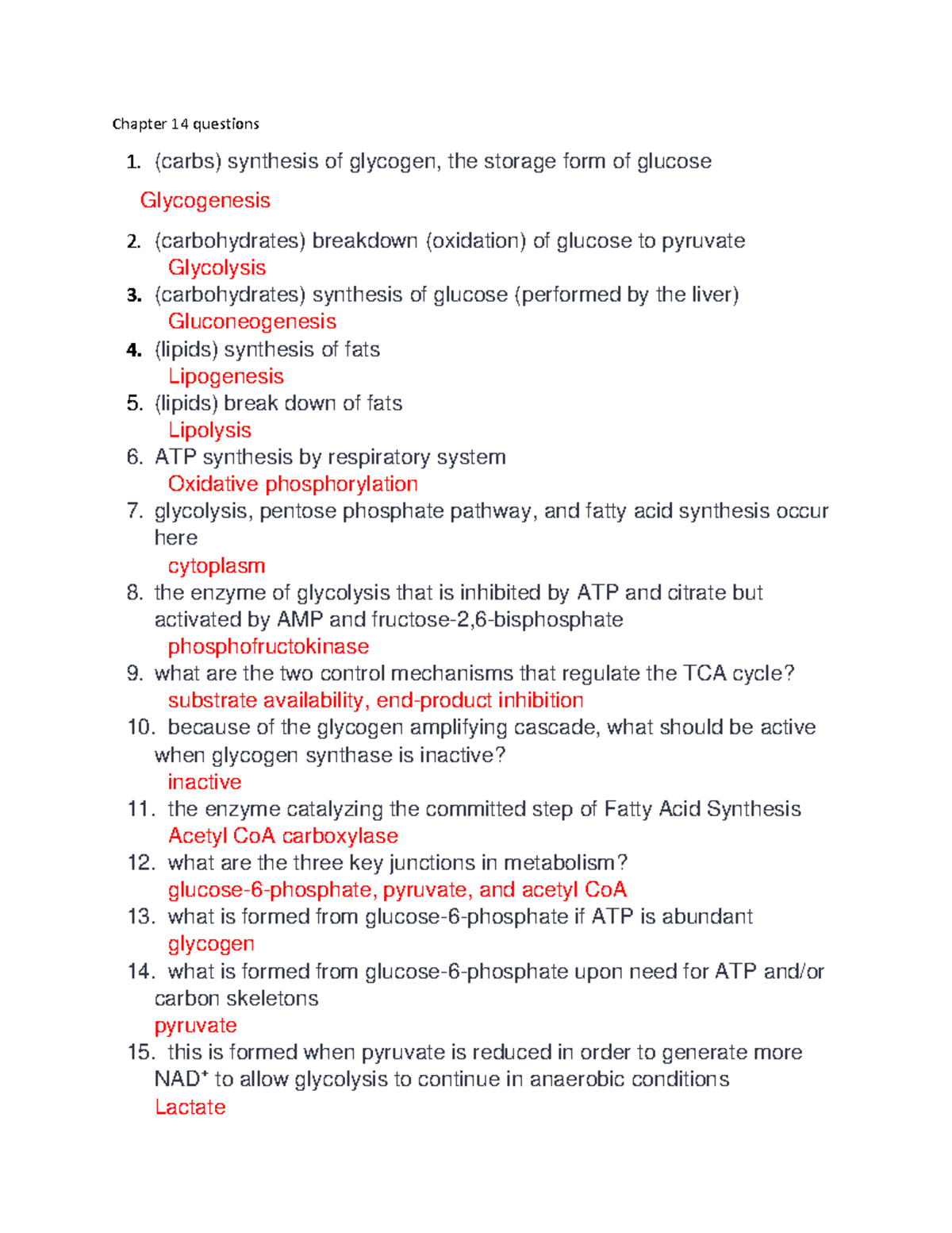 Biochem Chapt 14 Questions - Chapter 14 Questions (carbs) Synthesis Of 