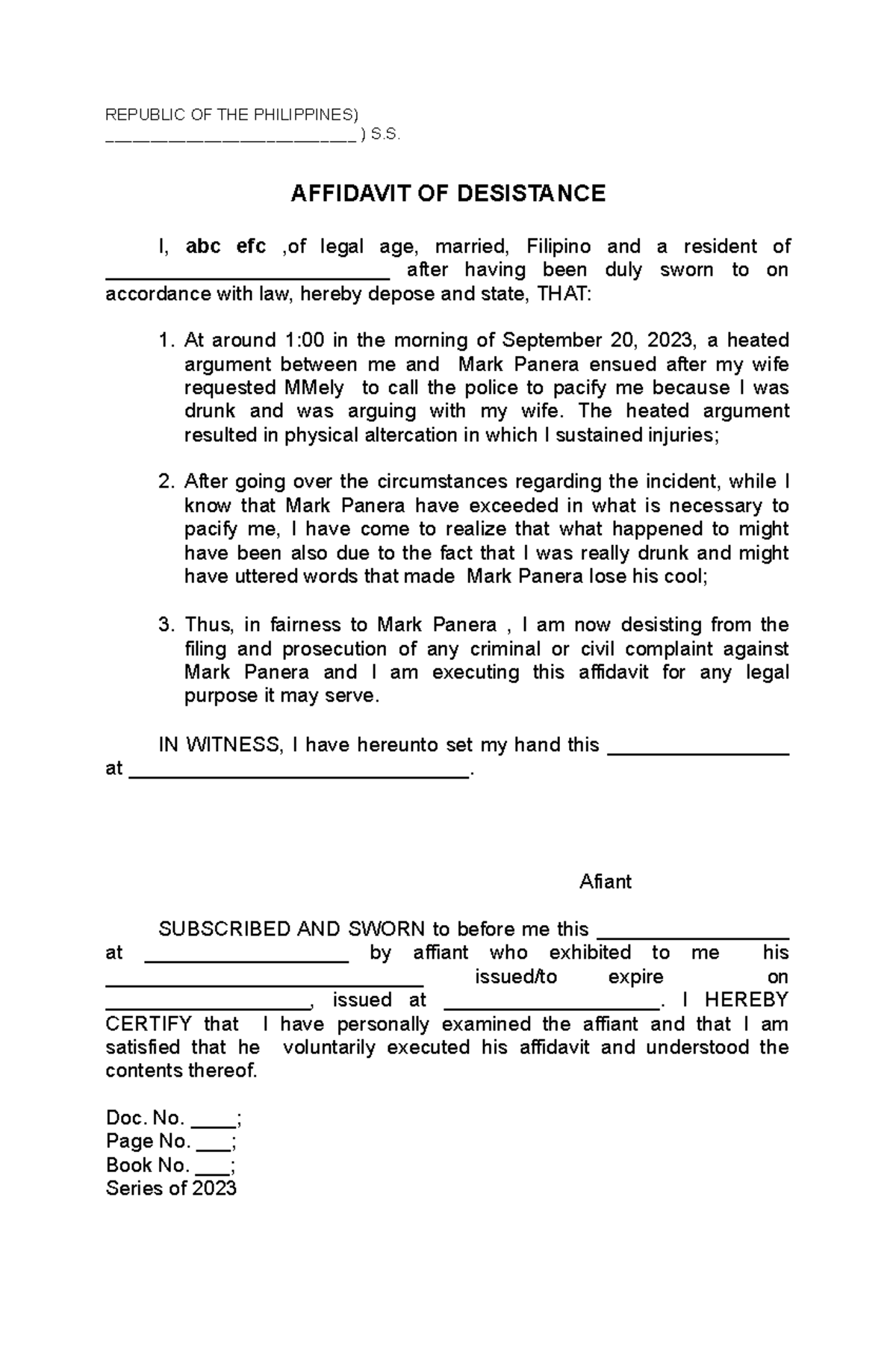 Affidavit of desistance - REPUBLIC OF THE PHILIPPINES ...