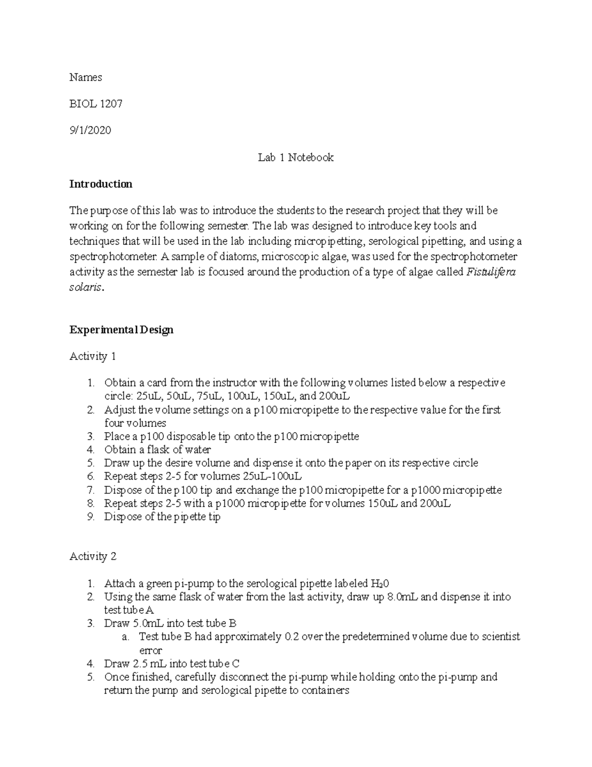 Lab 1 Notebook - BIOL 1207 Lab with Dr.Gregg - Names BIOL 1207 9/1/ Lab ...