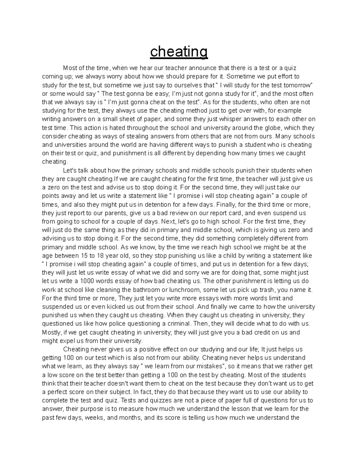 Cheating - Essays - cheating Most of the time, when we hear our teacher ...