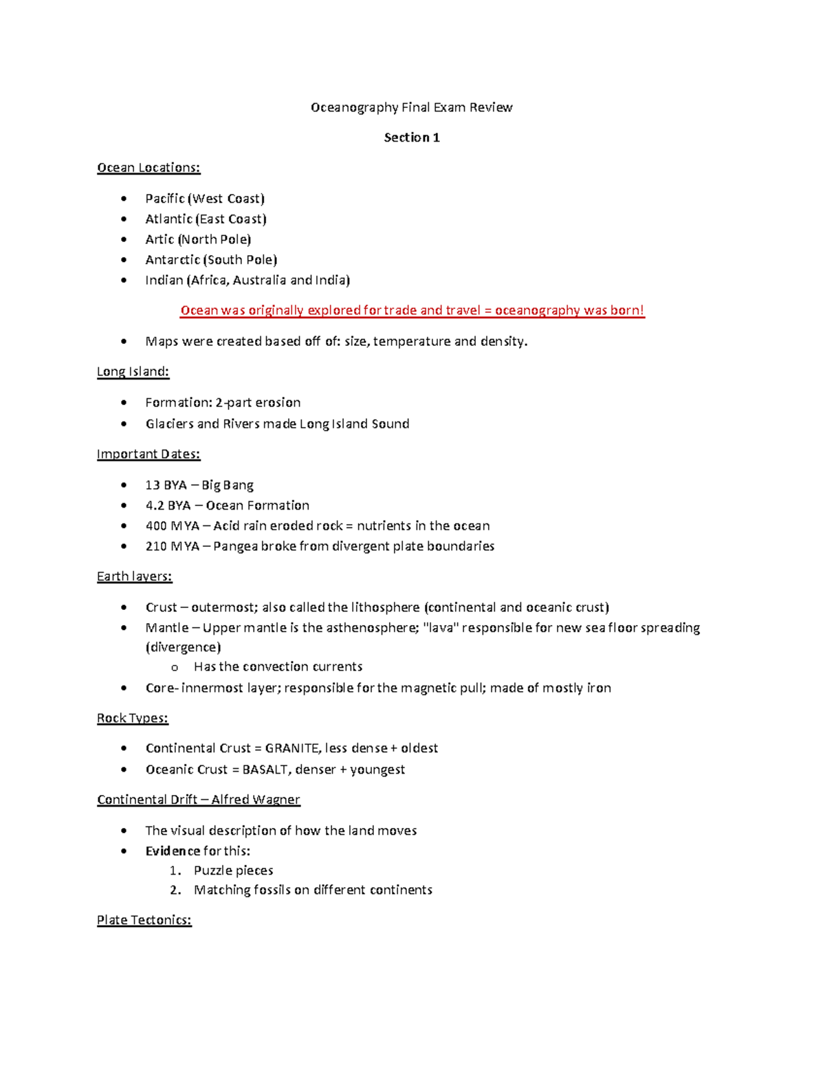 Finalexamreview - Oceanography Final Exam Review Section 1 Ocean ...