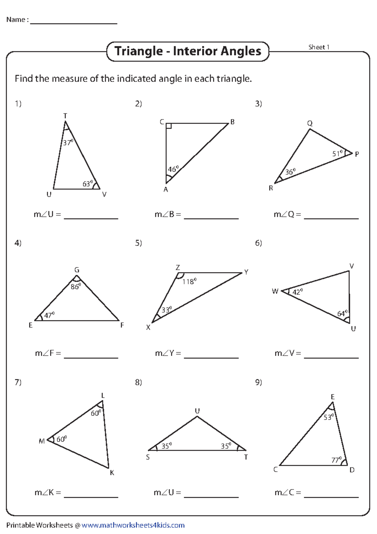 Interior angles - m–U = m–F = m–K = m–Q = m–V = m–C = m–B = m–Y = m–U ...