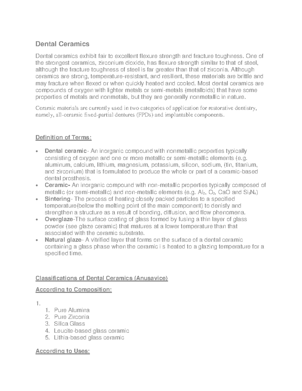 Dental Ceramics Lecture notes 110 Dental Ceramics Dental ceramics