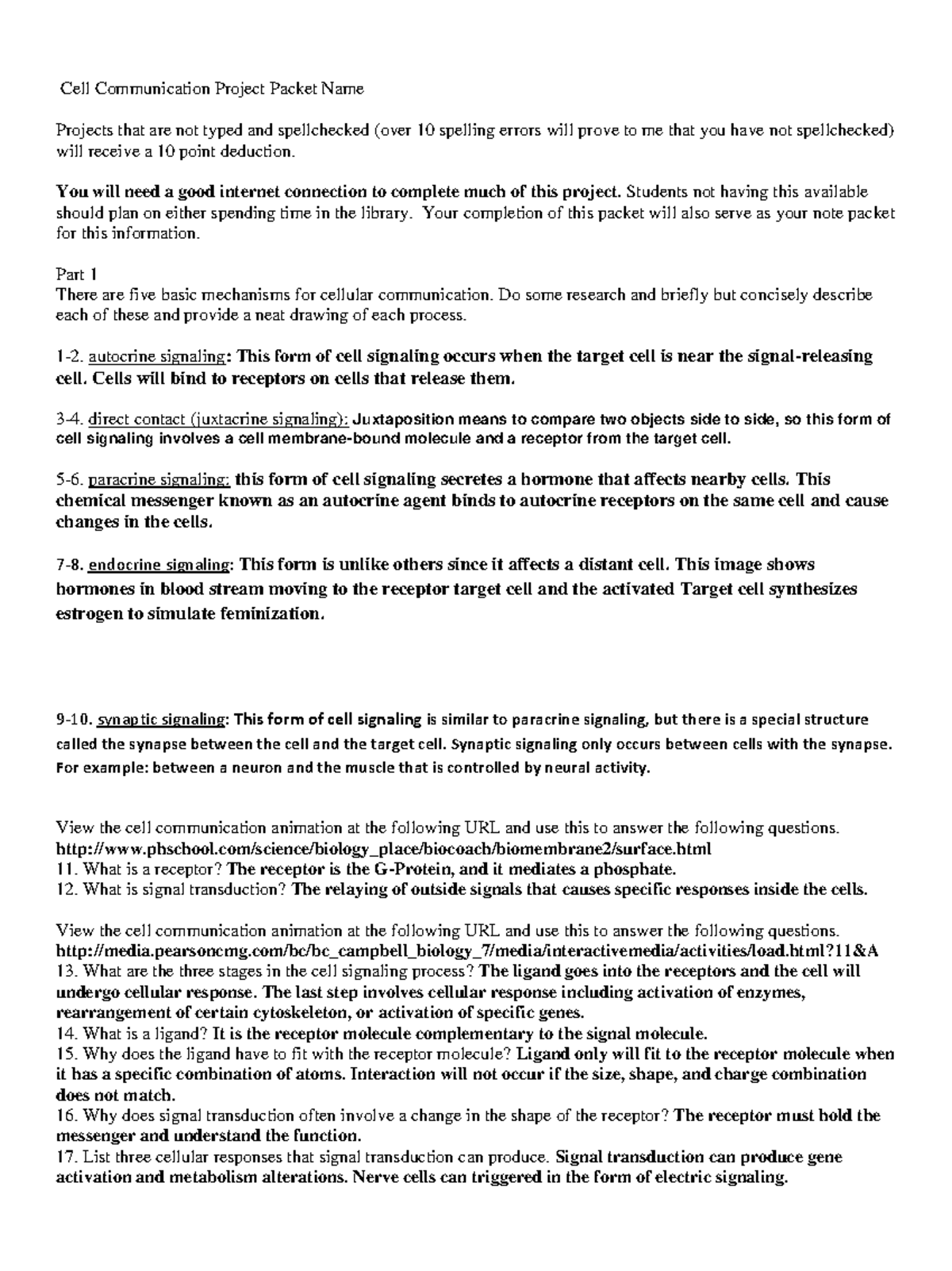 Signal transduction webquest Cell Communication Project Packet Name