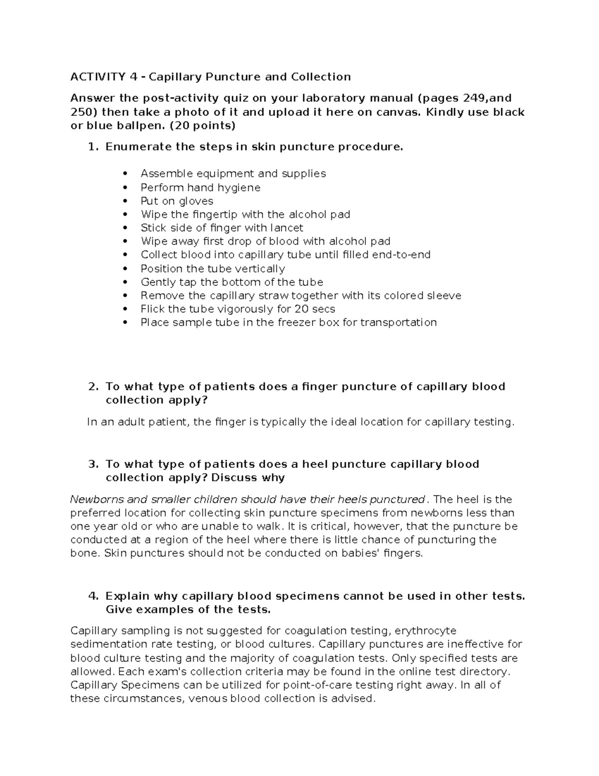 Activity 4 - Capillary Puncture and Collection - ACTIVITY 4 - Capillary ...