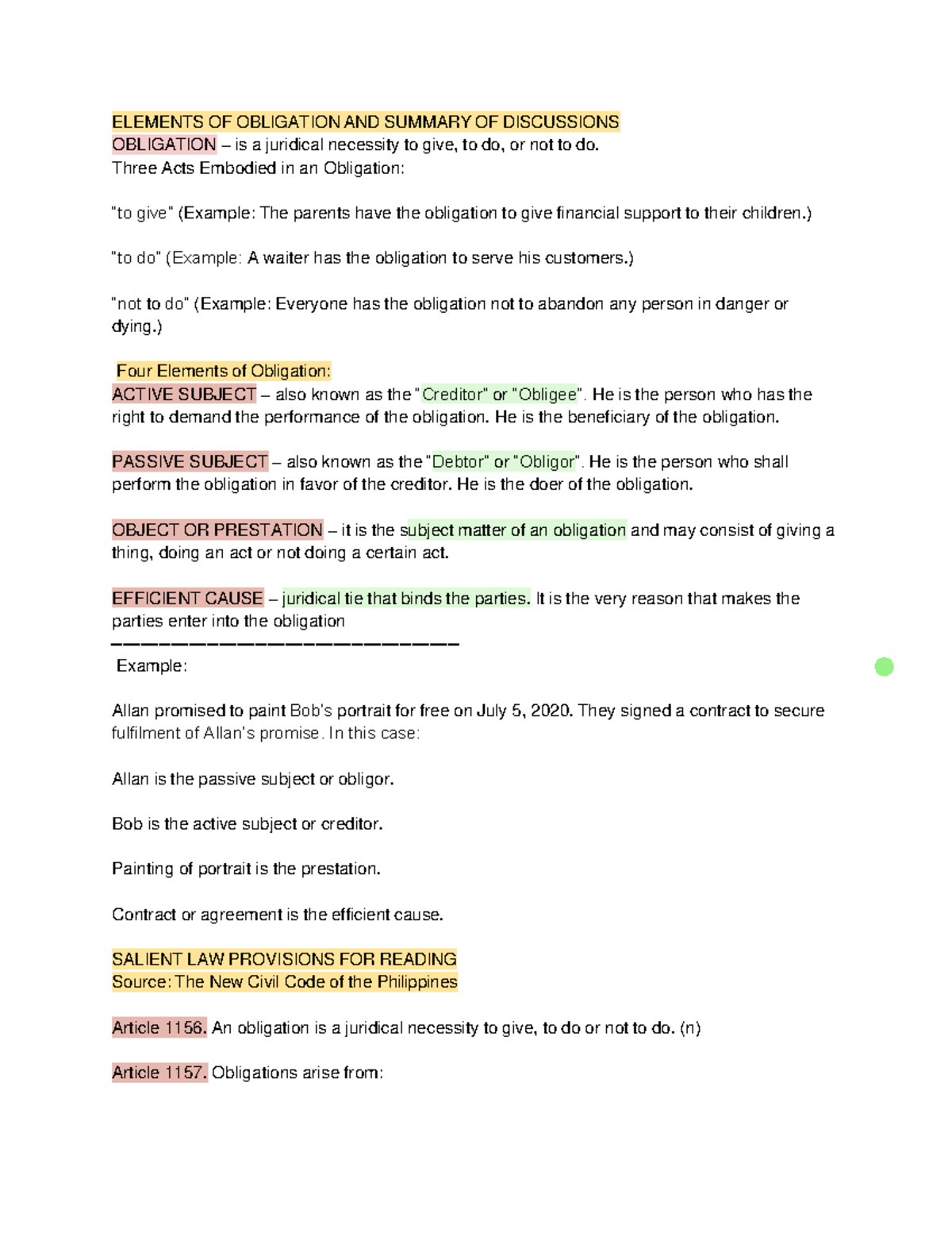 Oblicon - Law - ELEMENTS OF OBLIGATION AND SUMMARY OF DISCUSSIONS ...