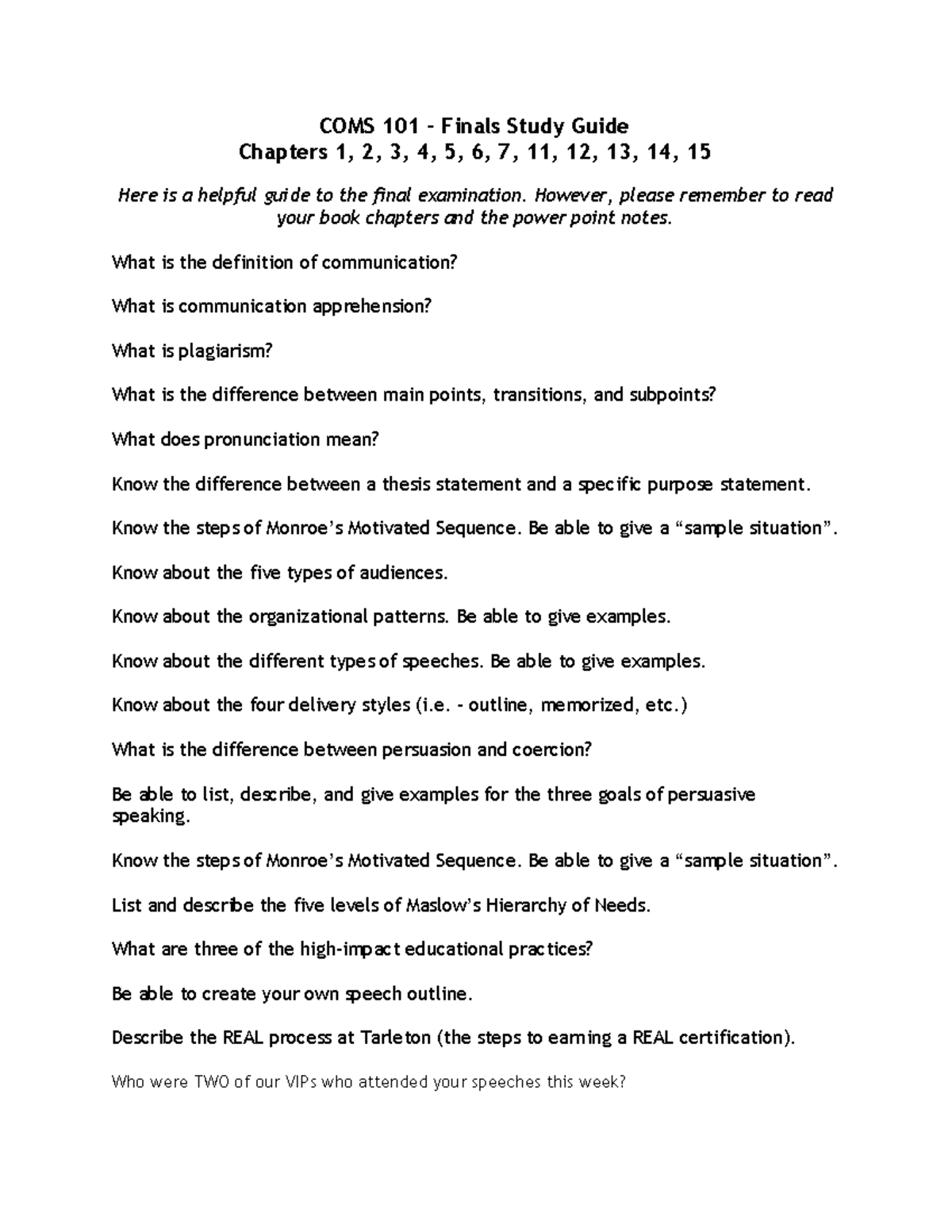 Final and Midterm Review - COMS 101 Finals Study Guide Chapters 1, 2, 3 ...