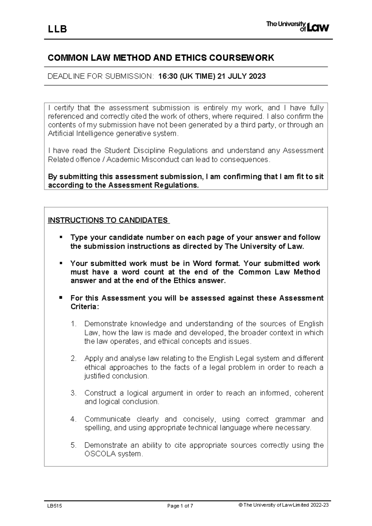 LB515 clme jul23 assessment final - COMMON LAW METHOD AND ETHICS ...
