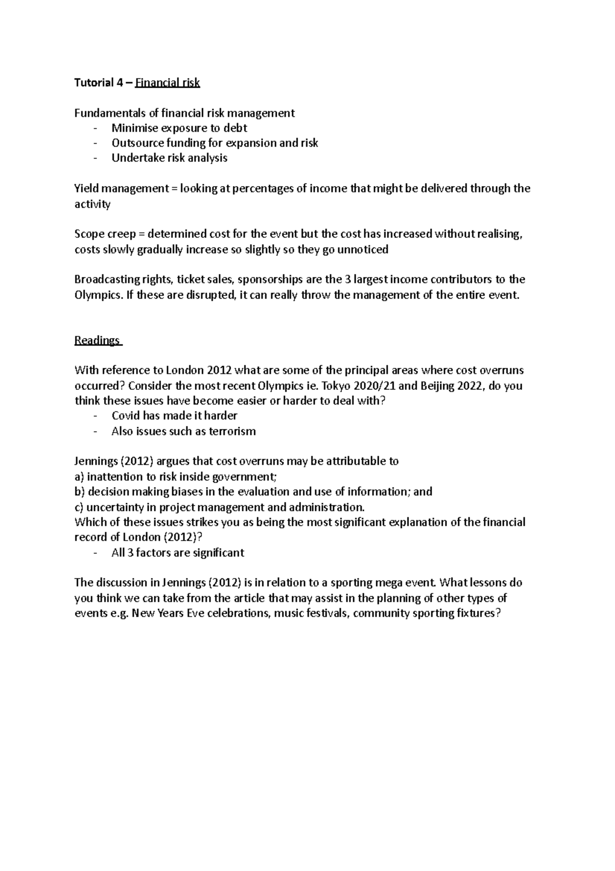 Tutorial 4 Notes - Tutorial 4 – Financial risk Fundamentals of ...
