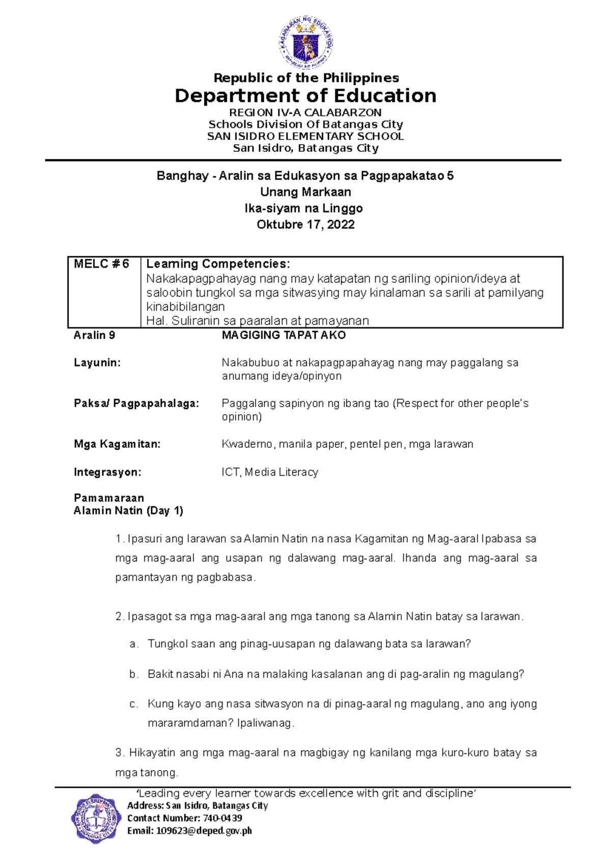 ESPWEEK9 Lesson Plan Department of Education Schools Division Of