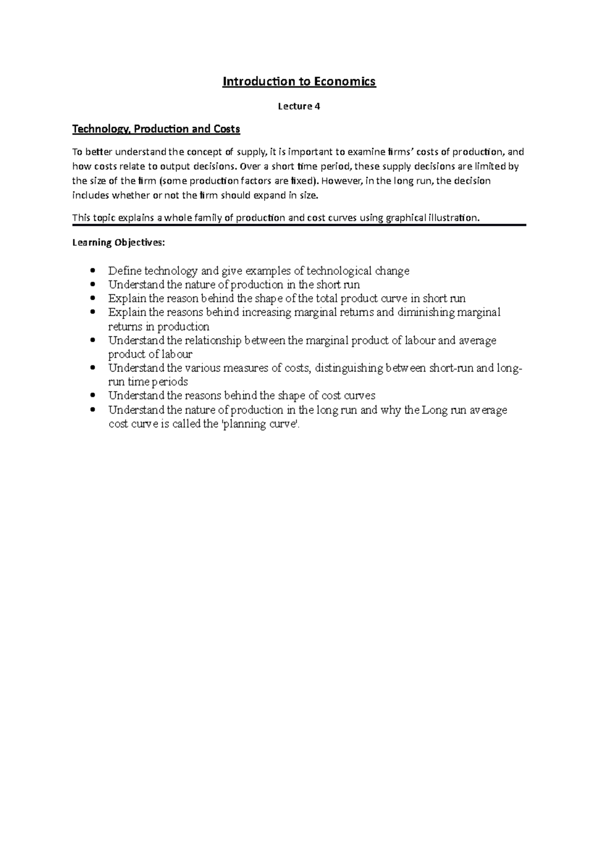 Introduction to Economics - LEC 4 (Technology, Production and Costs ...