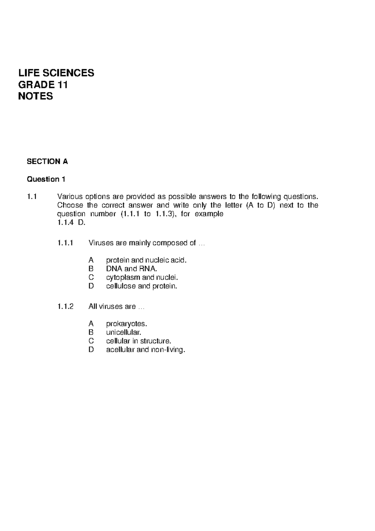 LIFE Sciences Grade 11 Notes LIFE SCIENCES GRADE 11 NOTES SECTION A
