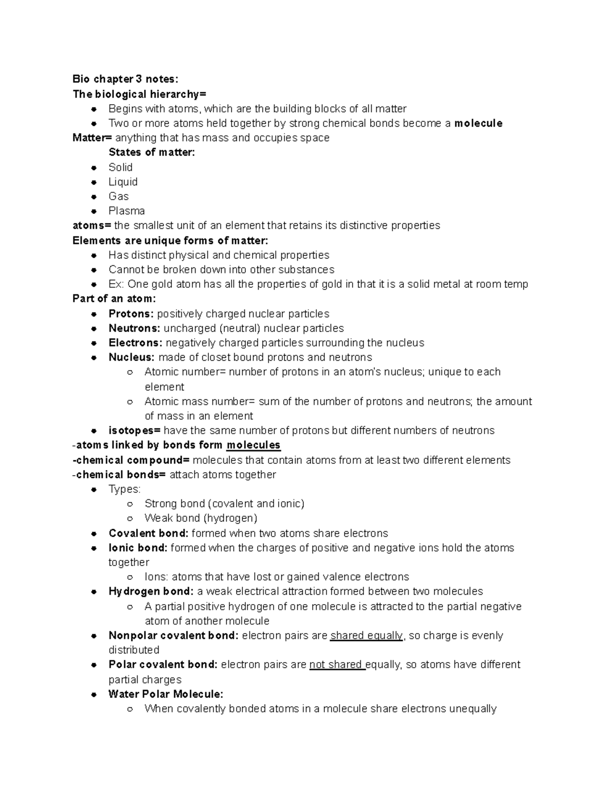 Bio Chapter 3 Notes - Bio Chapter 3 Notes: The Biological Hierarchy ...