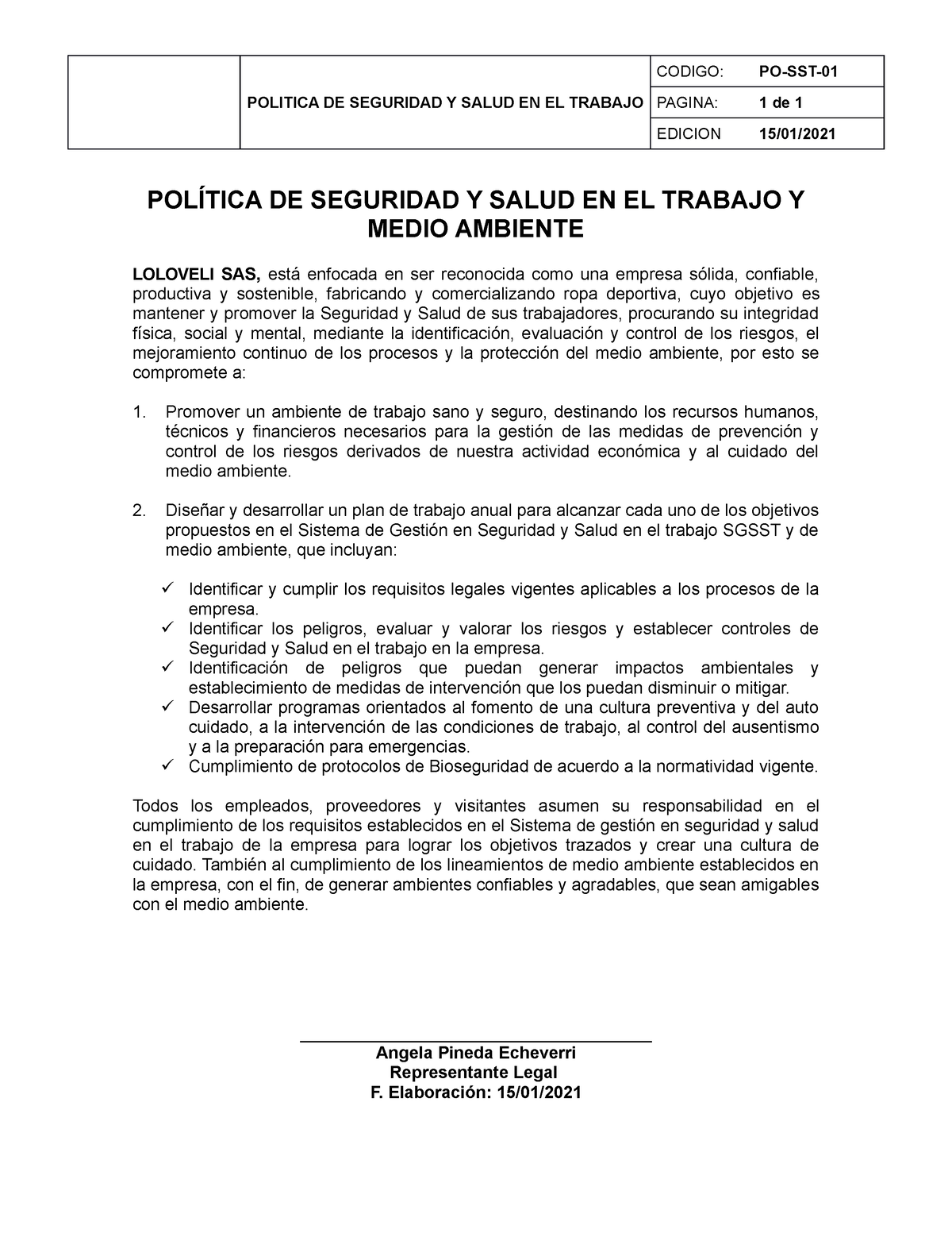 1 Po Sst 01 Política De Sst Y Medio Ambiente 2021 Copia Politica De Seguridad Y Salud En El 8552