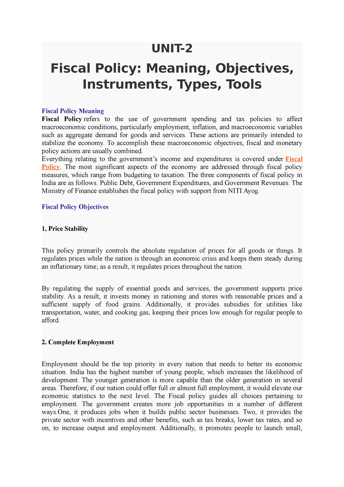 UNIT-2 Fiscal Economics - UNIT- Fiscal Policy: Meaning, Objectives ...
