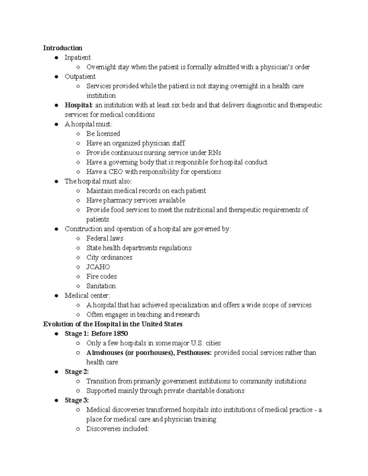 Ch. 8 Hospitals Notes from powerpoints Introduction Inpatient Overnight stay when the
