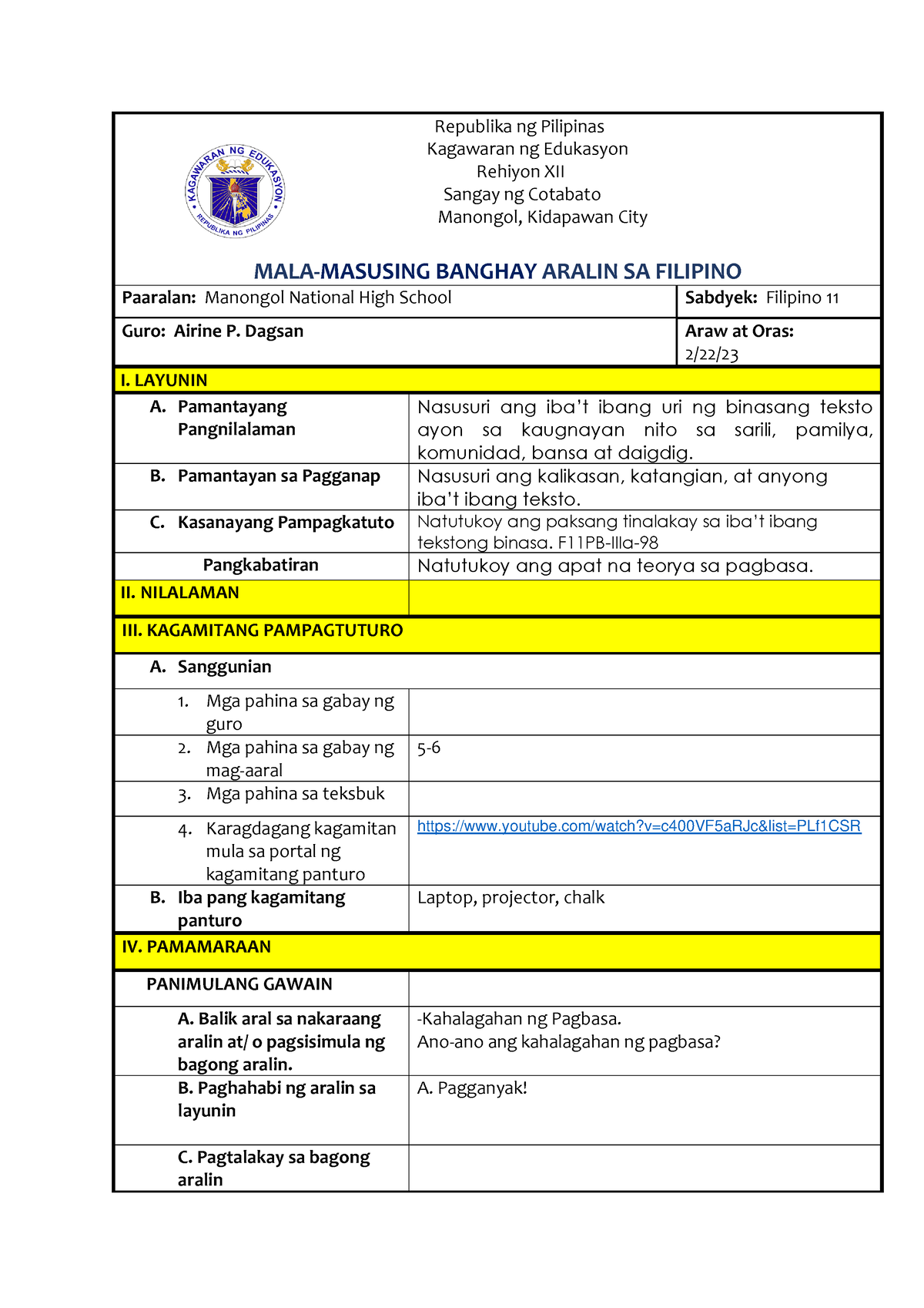 Lp Week 1 Day 4 - lesson plan - Republika ng Pilipinas Kagawaran ng ...