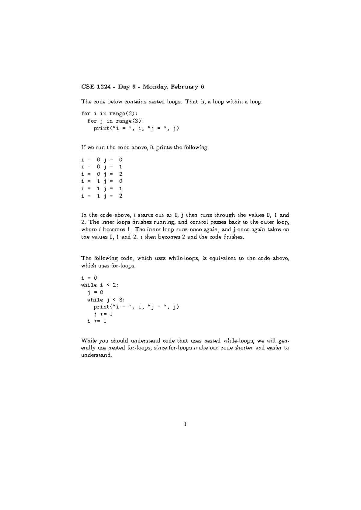 1224 Day 9 Nested Loops - CSE 1224 - Day 9 - Monday, February 6 The ...