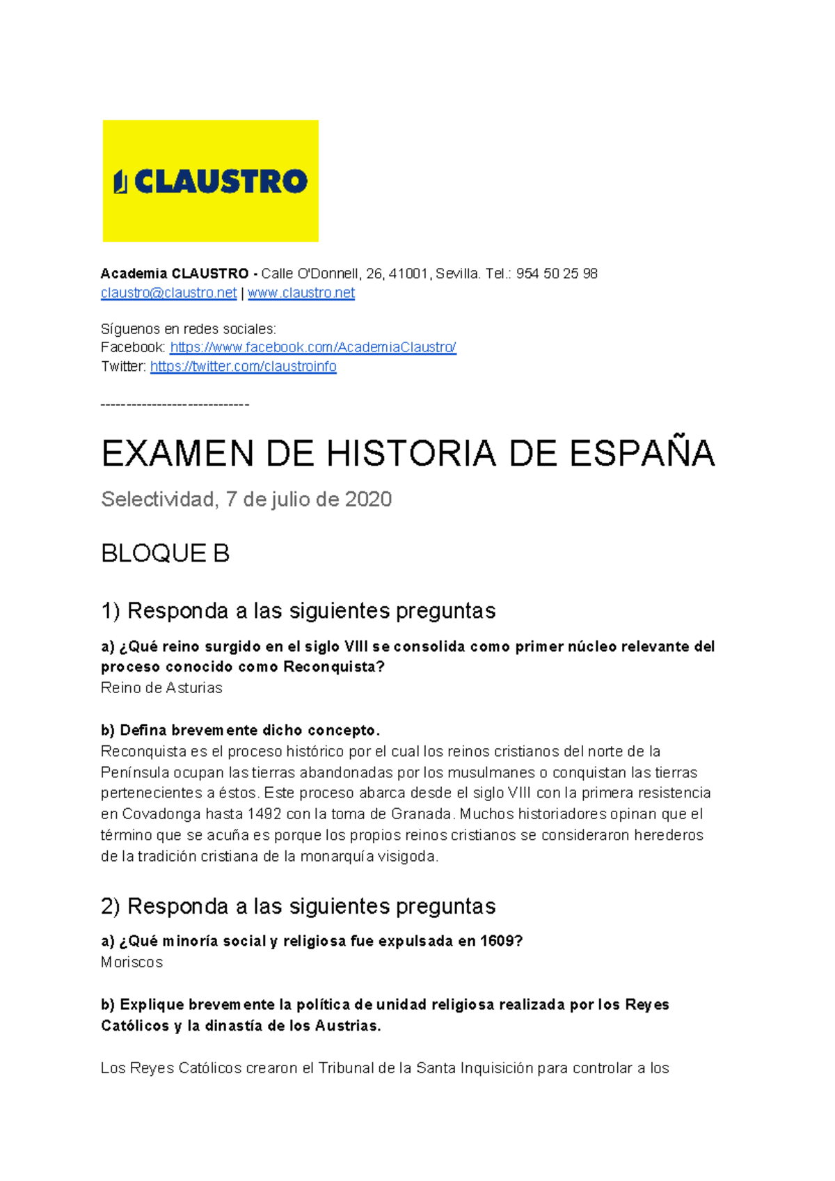 Solucion Examen Historia Bloque B Julio 2020 Selectividad Andalucia ...