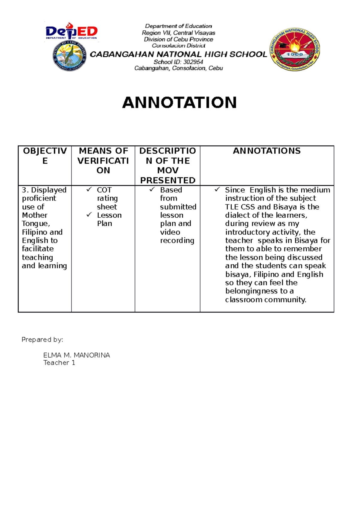 3 - 2022 - ANNOTATION OBJECTIV E MEANS OF VERIFICATI ON DESCRIPTIO N OF ...