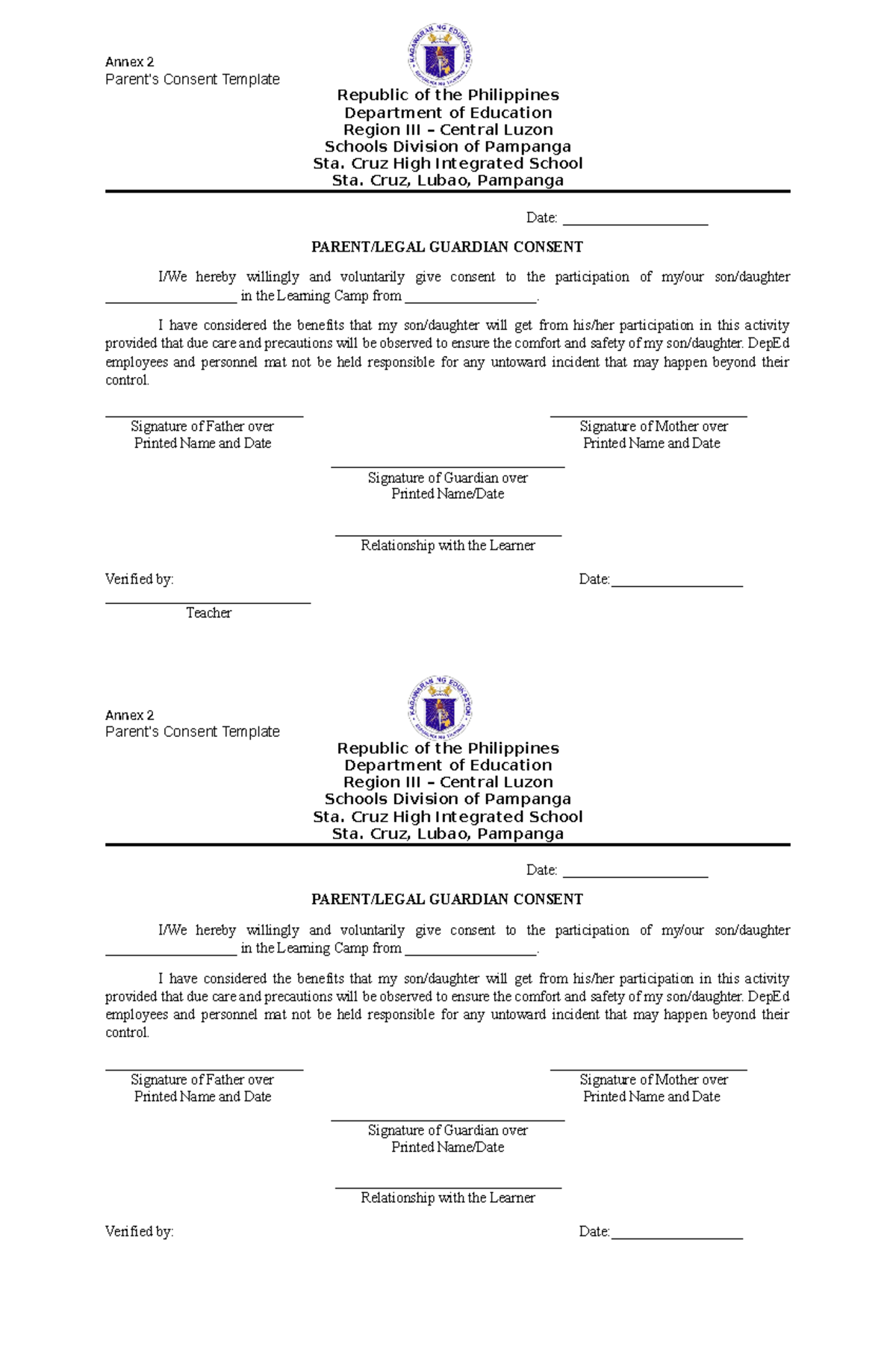 NLC Parent's Consent - Annex 2 Parent’s Consent Template Republic of ...